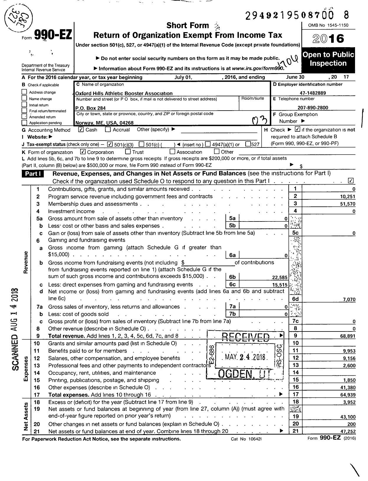 Image of first page of 2016 Form 990EZ for Parent Booster USA / Oxford Hills Athletic Boosters Asso