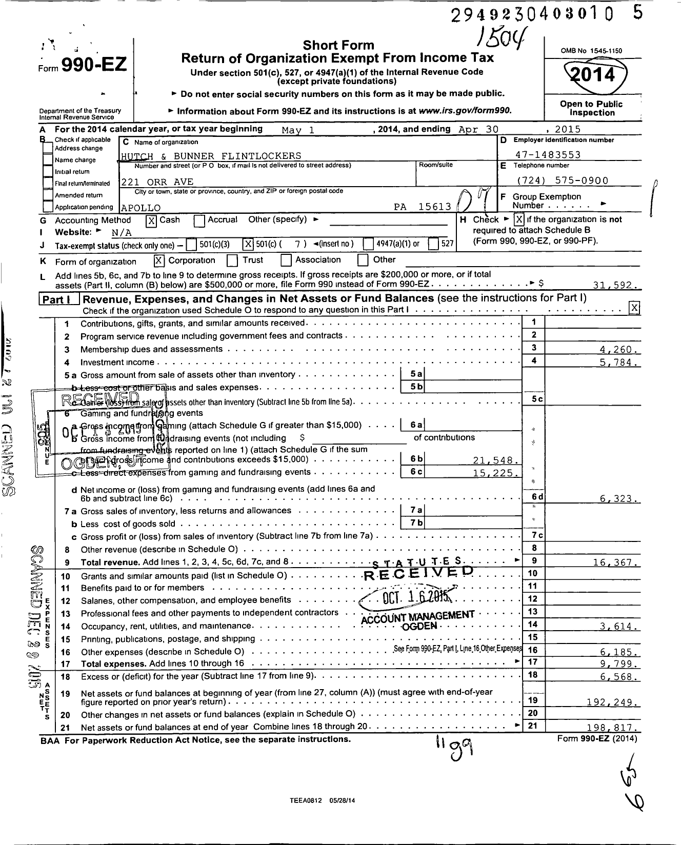 Image of first page of 2014 Form 990EO for Hutch and Bunner Flintlockers