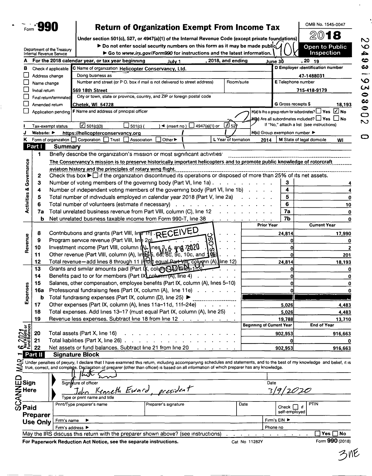 Image of first page of 2018 Form 990 for Helicopter Conservancy