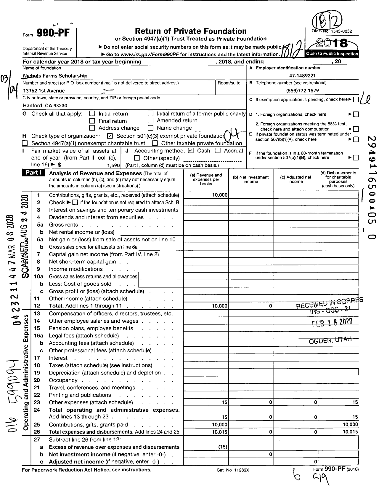 Image of first page of 2018 Form 990PR for Nichols Farms Scholarship