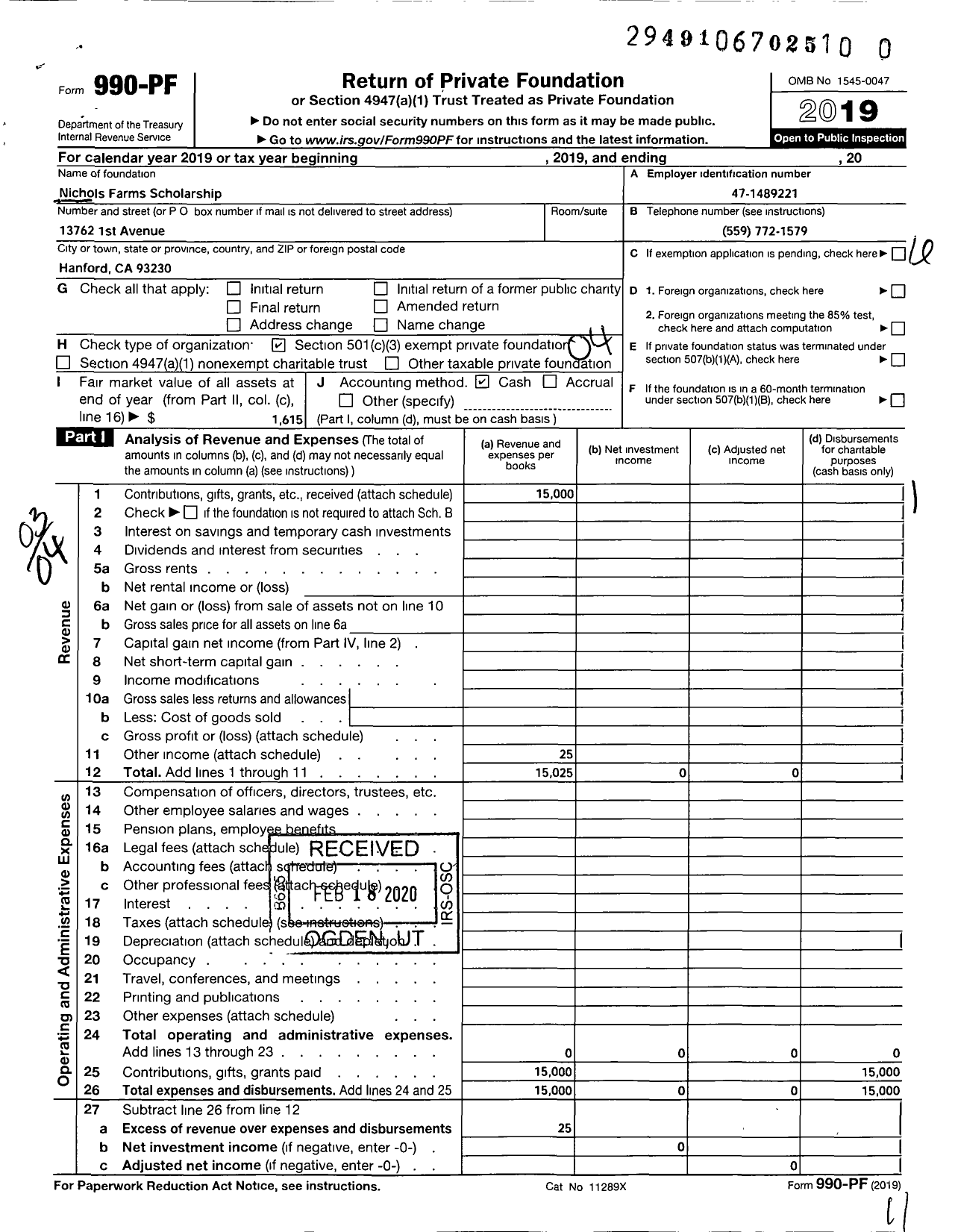 Image of first page of 2019 Form 990PR for Nichols Farms Scholarship