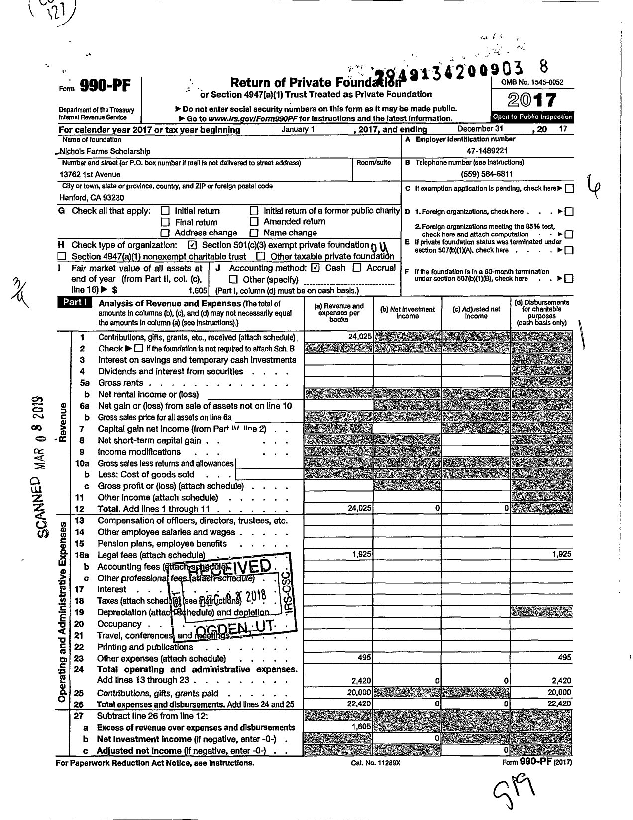 Image of first page of 2017 Form 990PF for Nichols Farms Scholarship