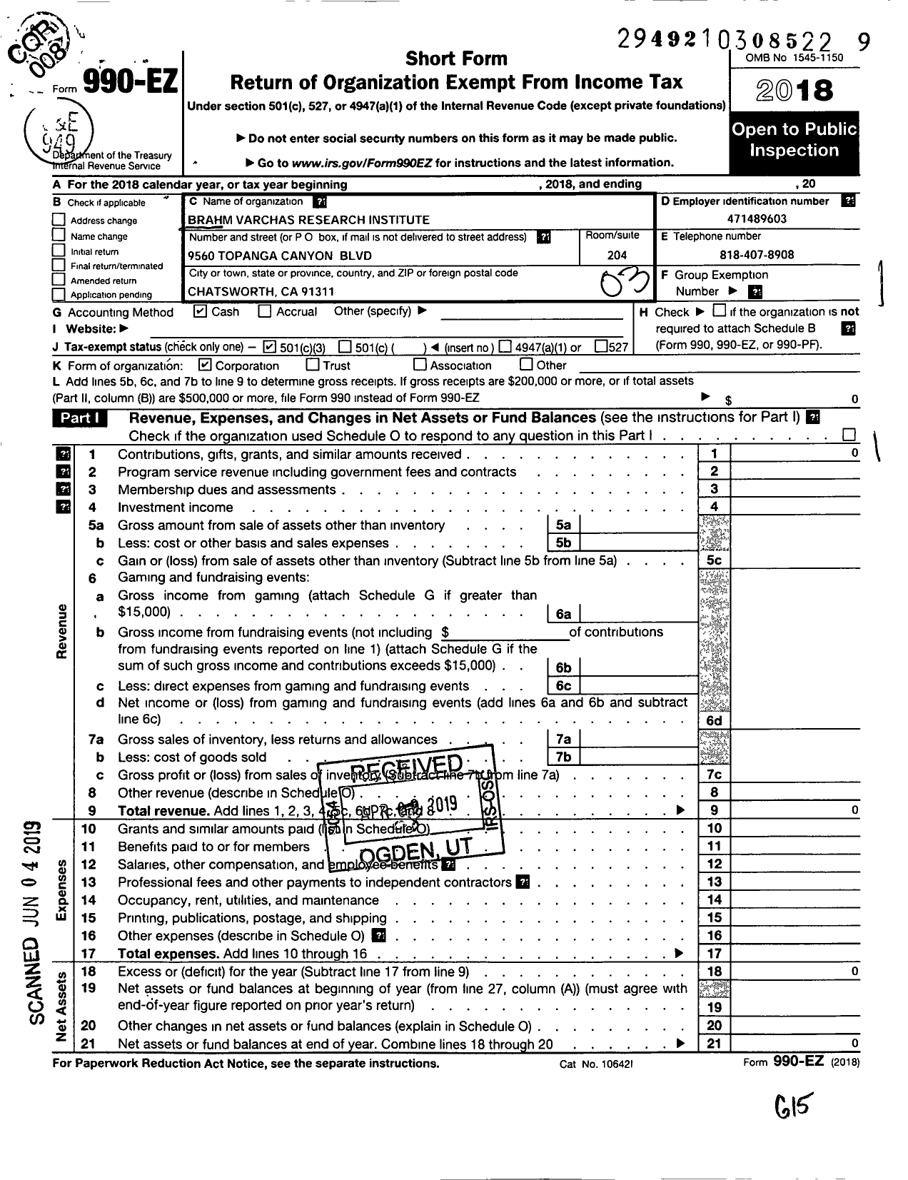 Image of first page of 2018 Form 990EZ for Brahm Varchas Research Institute