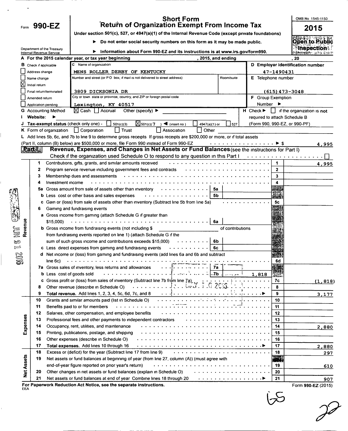 Image of first page of 2015 Form 990EO for Mens Roller Derby of Kentucky