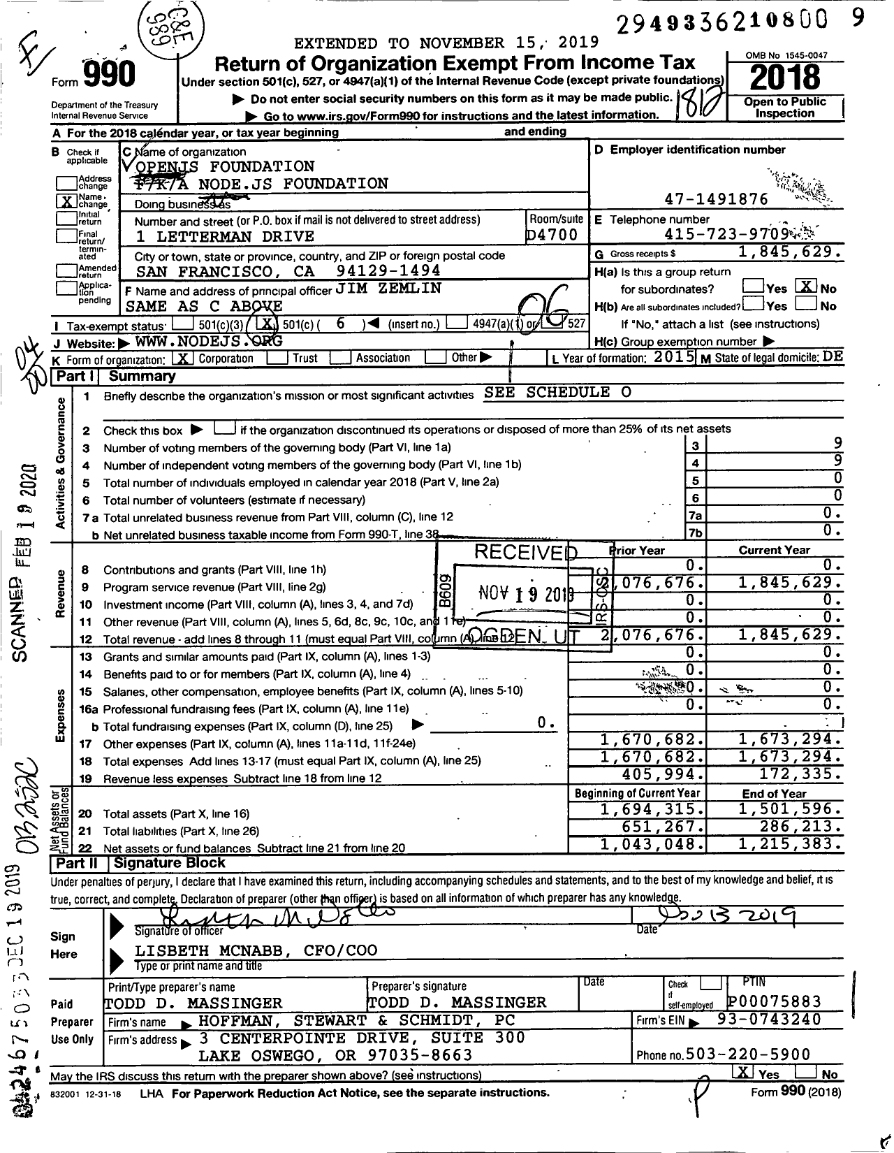 Image of first page of 2018 Form 990O for Openjs Foundation