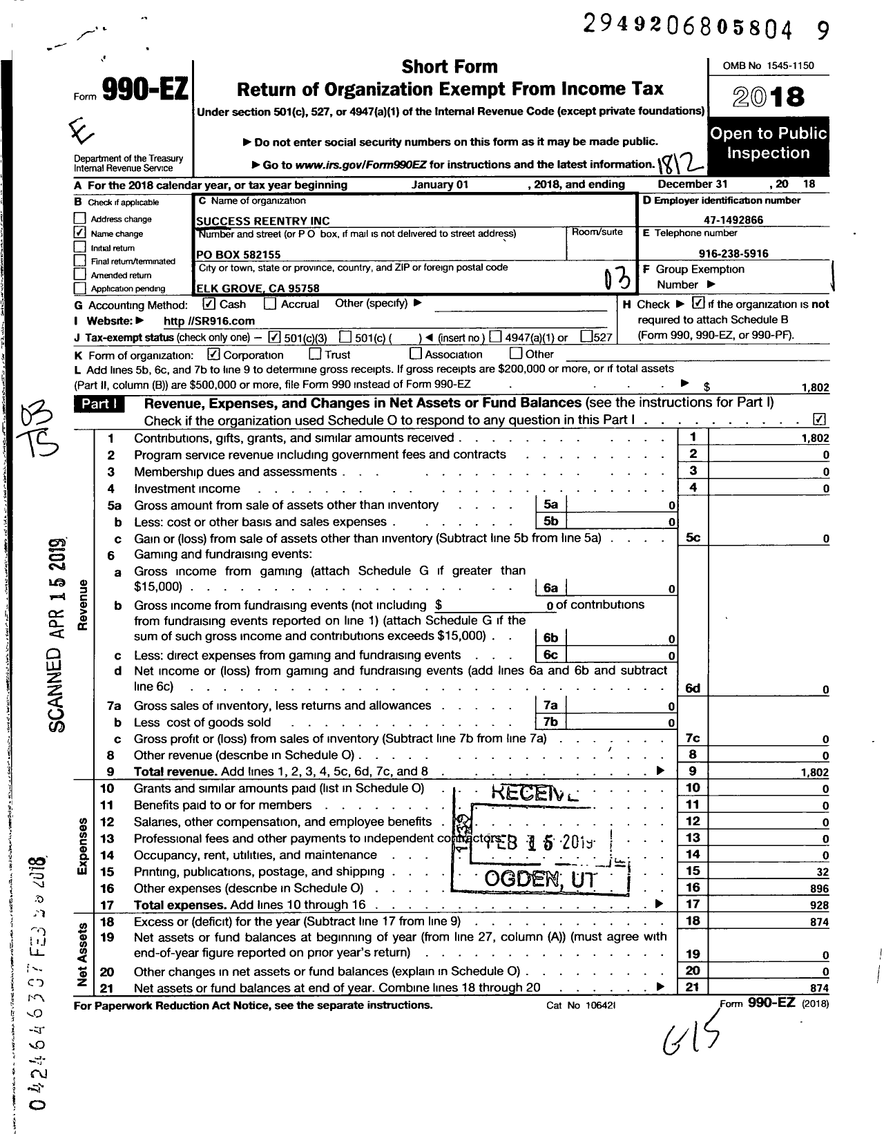 Image of first page of 2018 Form 990EZ for Gaates