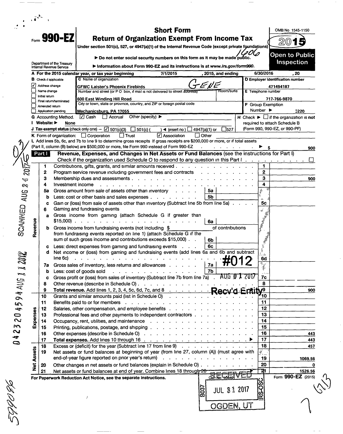 Image of first page of 2015 Form 990EZ for General Federation of Womens Club / GFWC Laisters Phoenix Firebirds