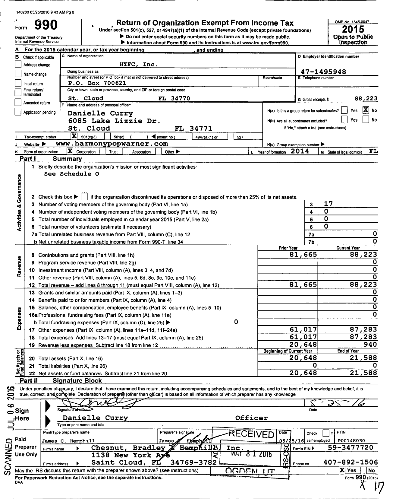 Image of first page of 2015 Form 990 for Hyfc