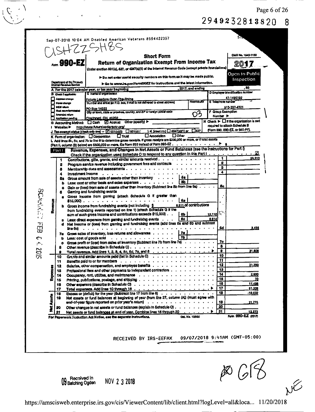 Image of first page of 2017 Form 990EZ for Future Leaders Over the Rhine