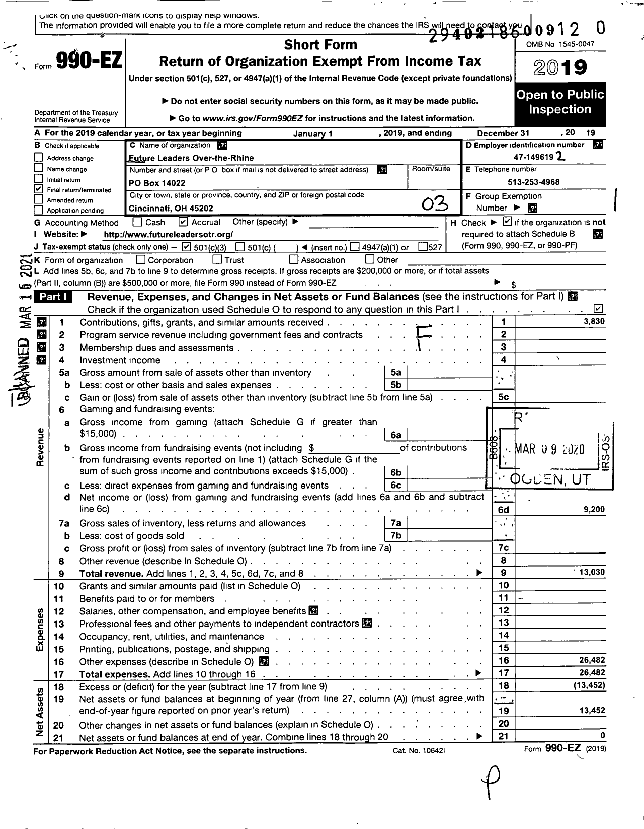 Image of first page of 2019 Form 990EZ for Future Leaders Over the Rhine