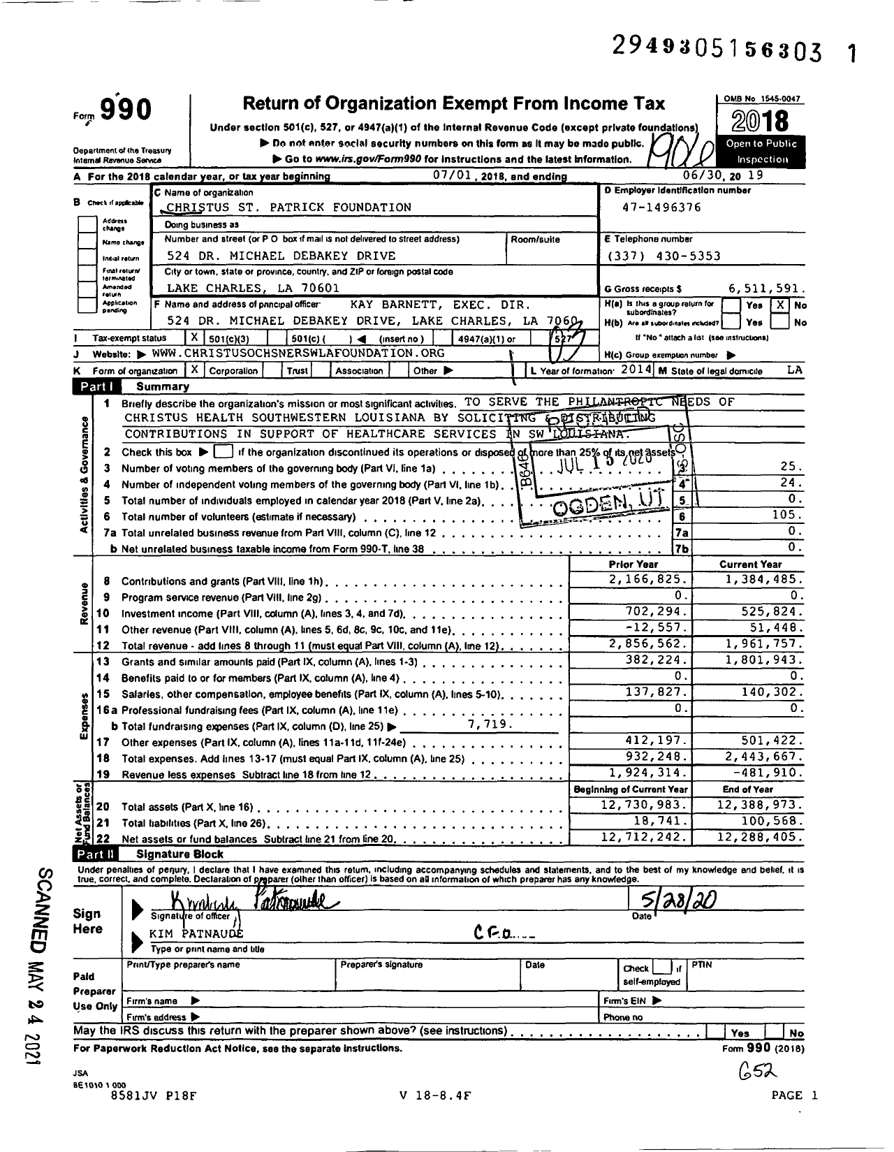 Image of first page of 2018 Form 990 for Christus St Patrick Foundation