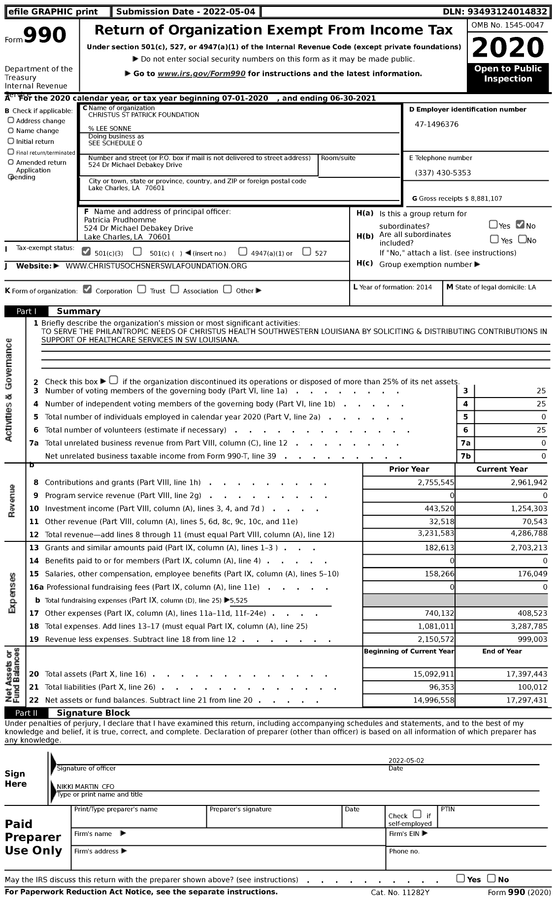 Image of first page of 2020 Form 990 for Christus St Patrick Foundation