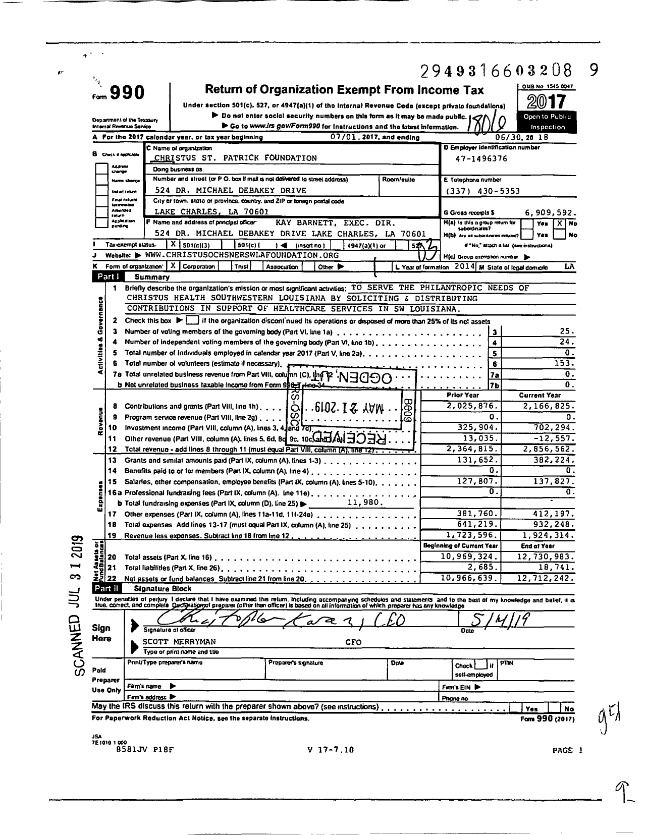 Image of first page of 2017 Form 990 for Christus St Patrick Foundation