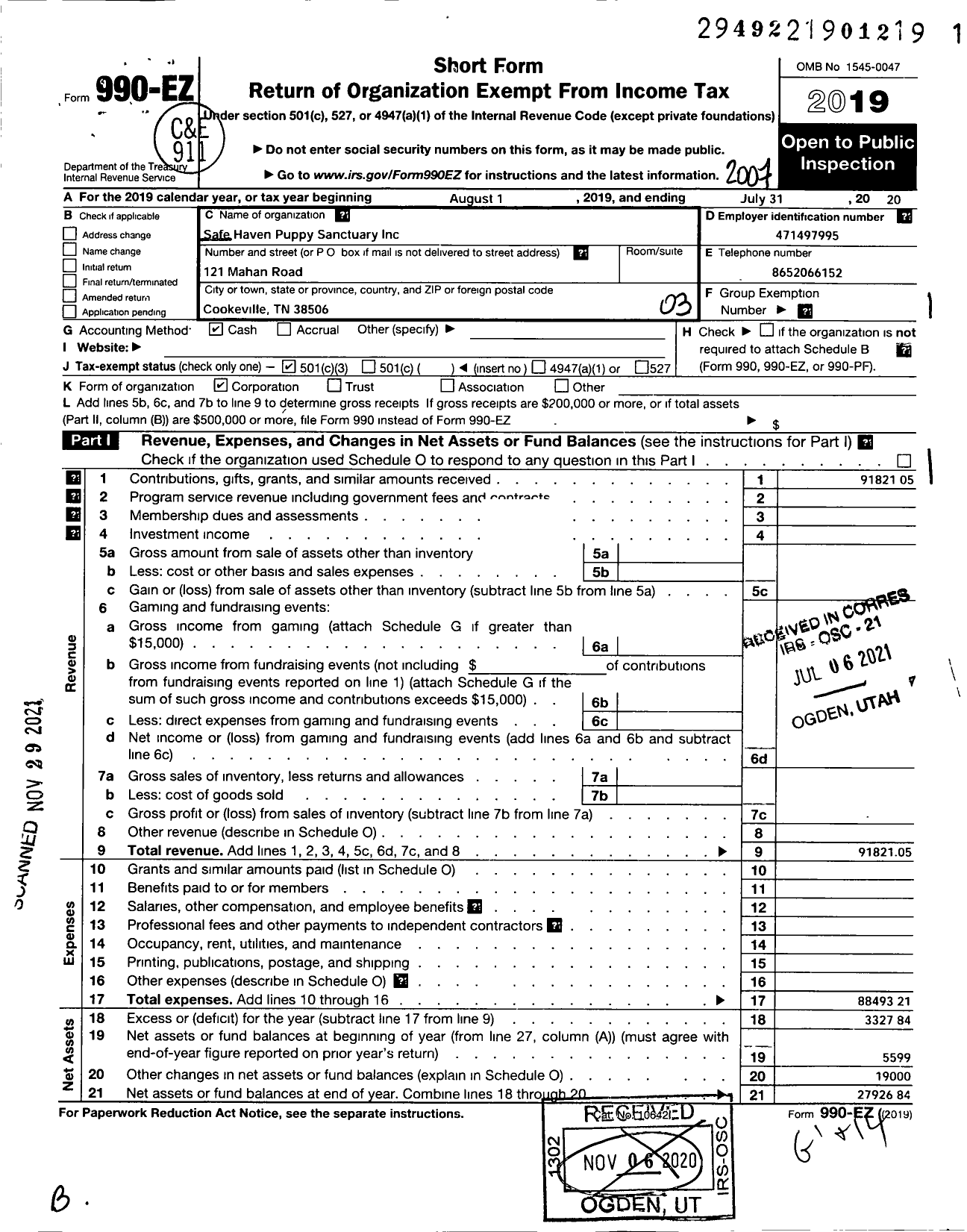 Image of first page of 2019 Form 990EZ for Safe Haven Puppy Sanctuary