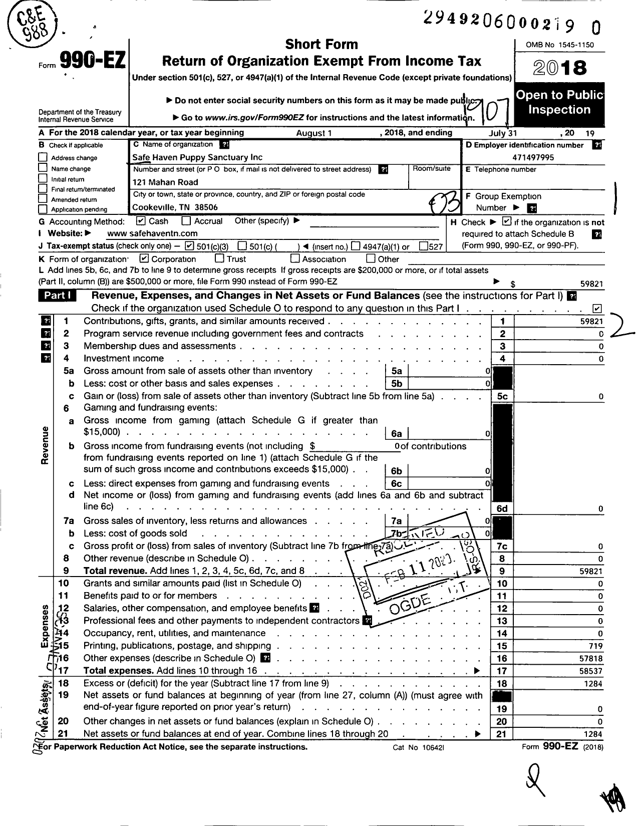 Image of first page of 2018 Form 990EZ for Safe Haven Puppy Sanctuary