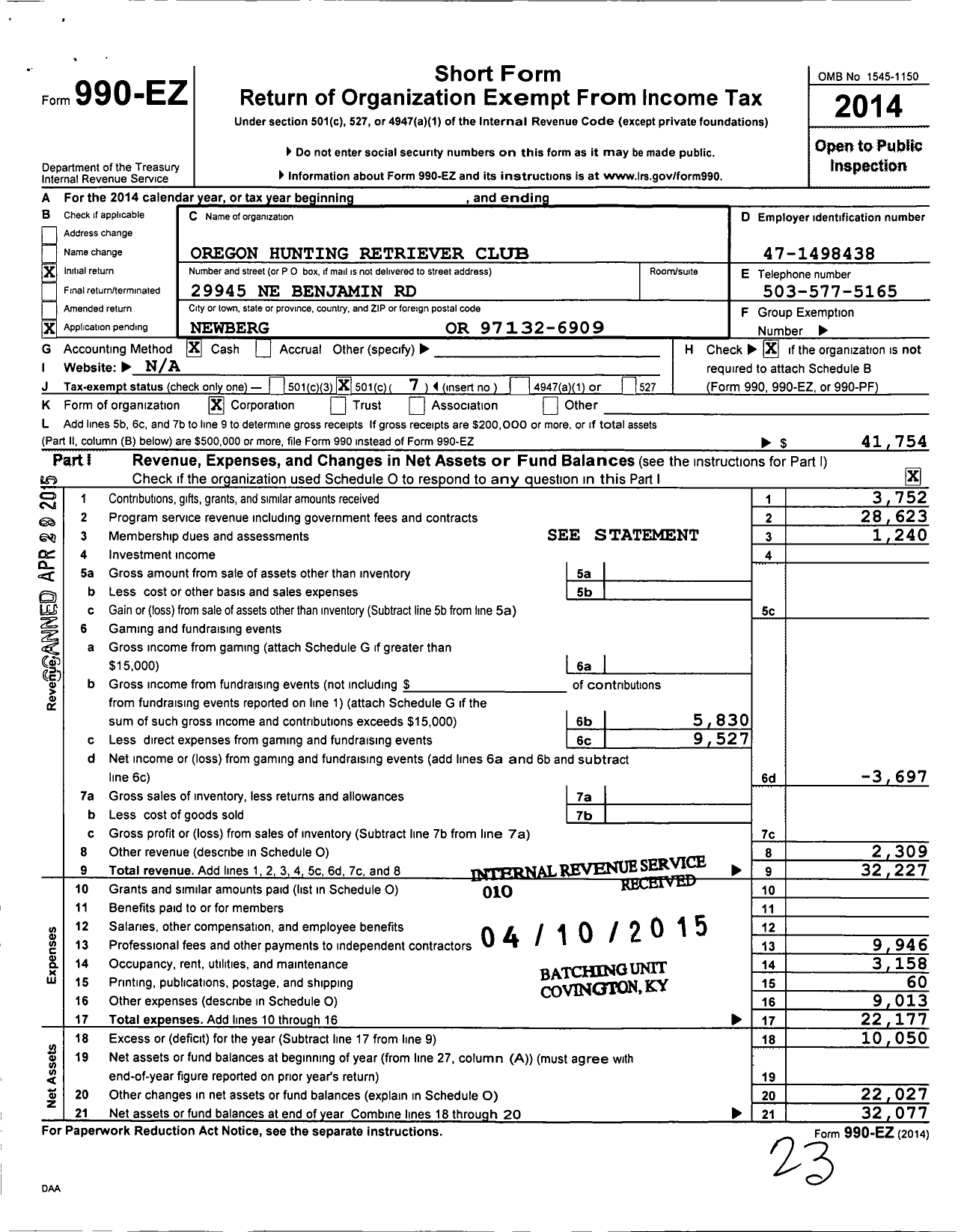 Image of first page of 2014 Form 990EO for Oregon Hunting Retriever Club (OHRC)