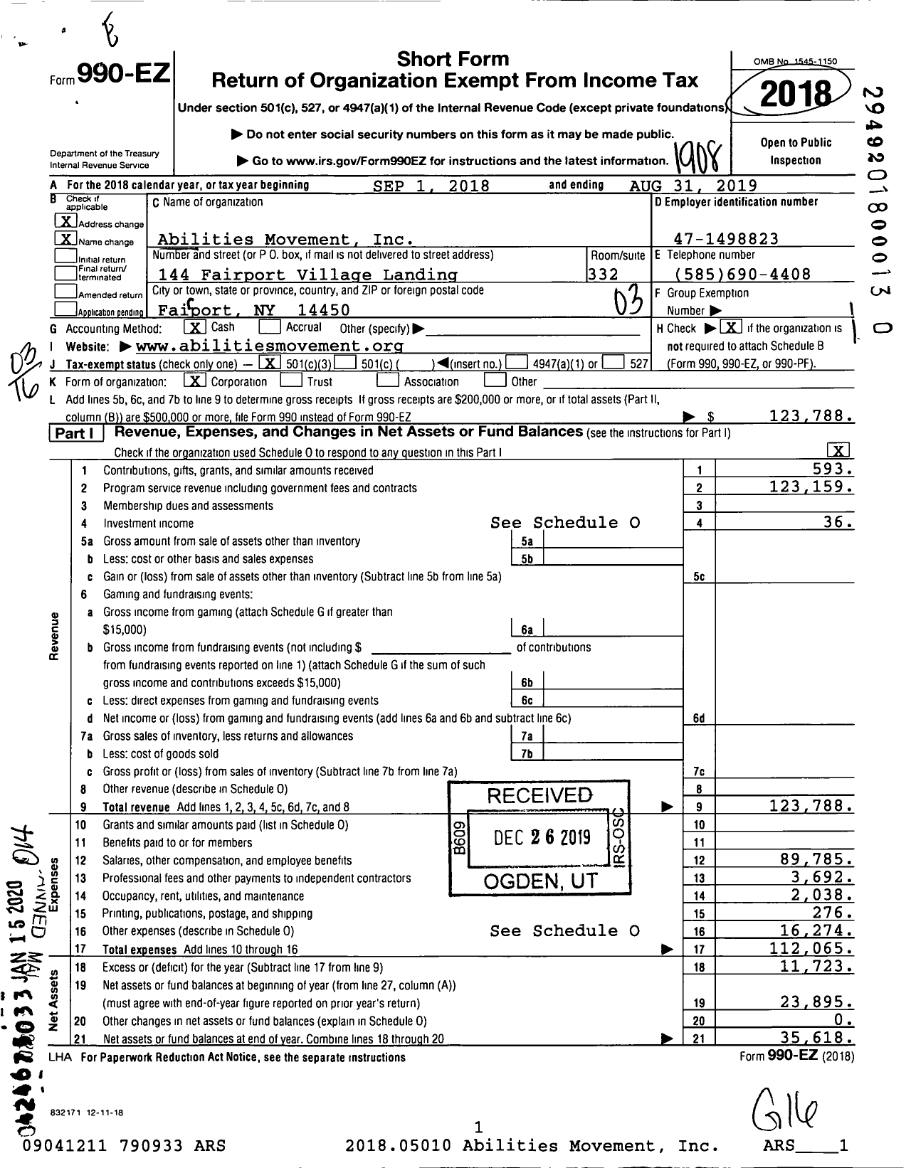 Image of first page of 2018 Form 990EZ for Abilities Movement