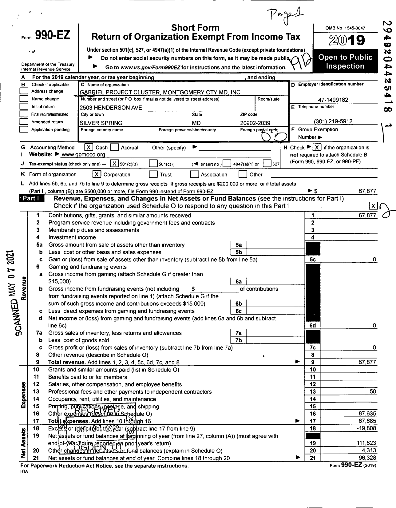 Image of first page of 2019 Form 990EZ for Gabriel Project Cluster Montgomery Cty MD