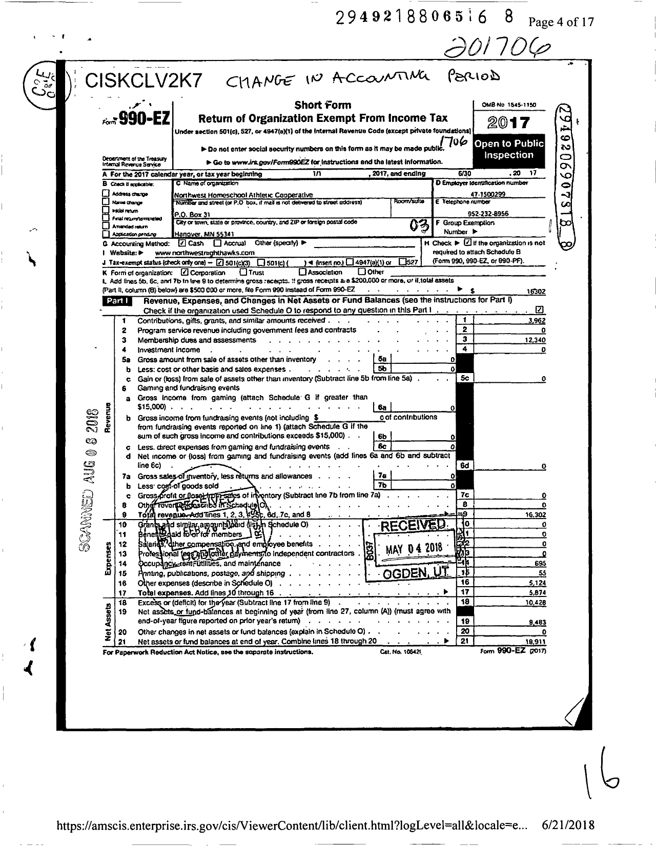 Image of first page of 2016 Form 990EZ for Northwest Homeschool Athletic Cooperative