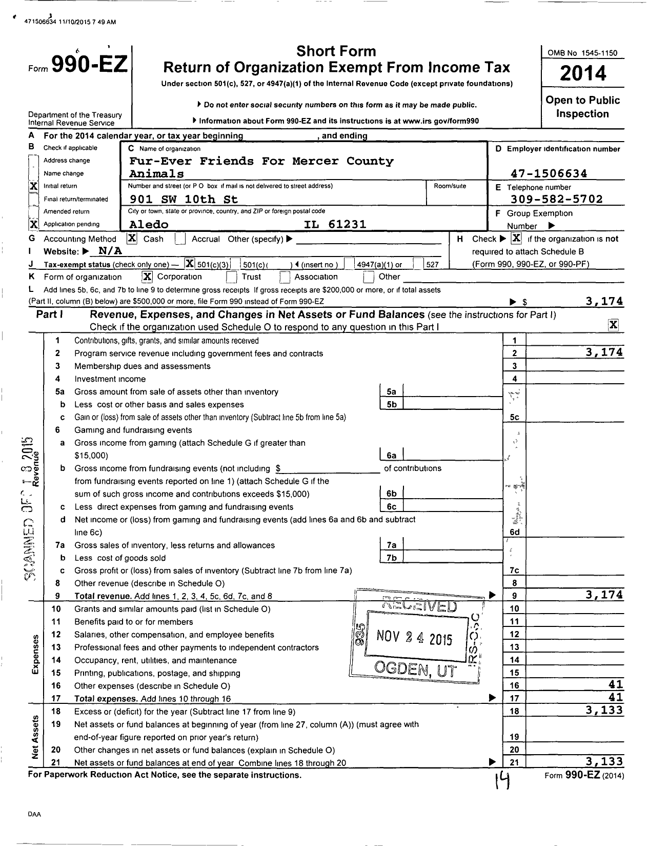 Image of first page of 2014 Form 990EZ for Fur-Ever Friends for Mercer County Animals