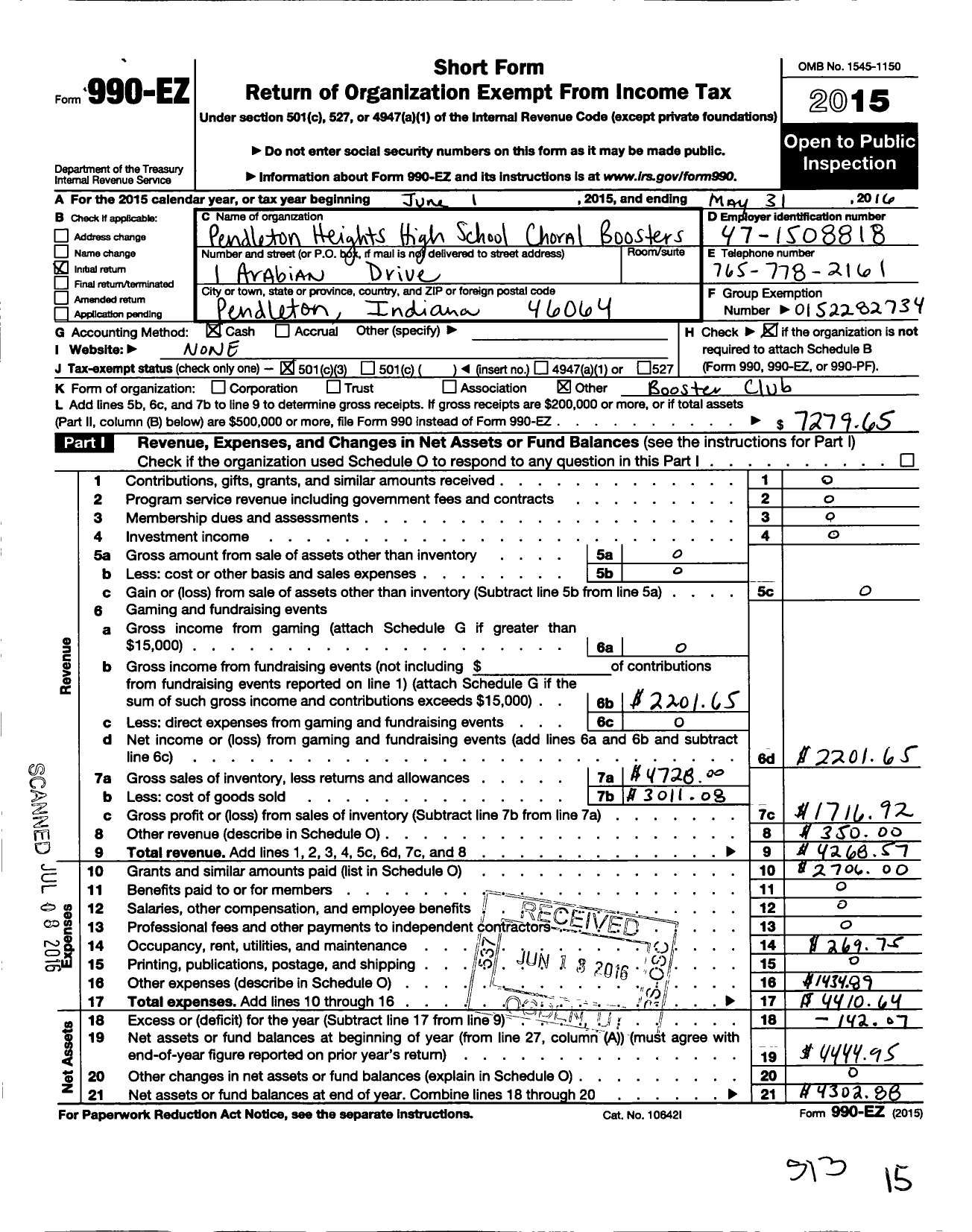 Image of first page of 2015 Form 990EZ for Pendleton Heights High School Booster Club