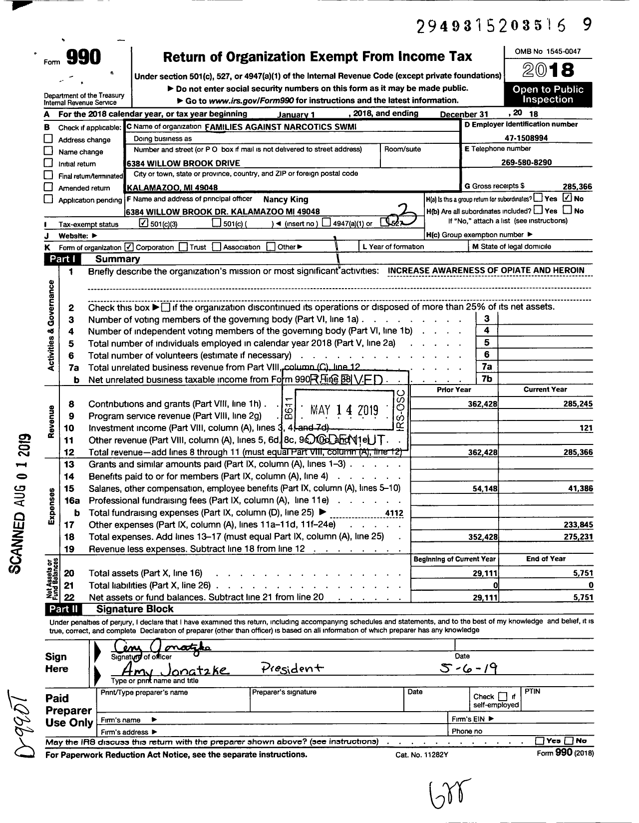 Image of first page of 2018 Form 990 for Families Against Narcotics / Southwest Michigan Chapter