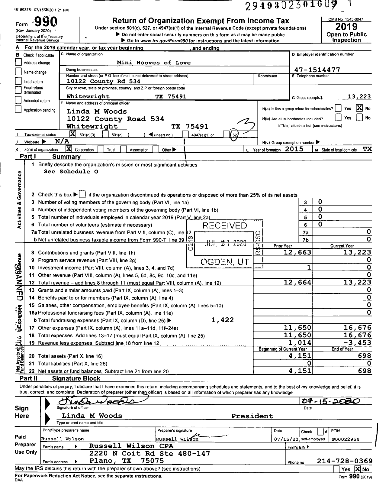 Image of first page of 2019 Form 990 for Mini Hooves of Love Miniature Therapy Horses