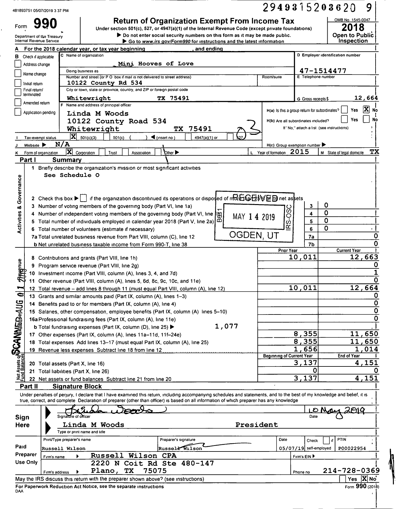 Image of first page of 2018 Form 990 for Mini Hooves of Love Miniature Therapy Horses