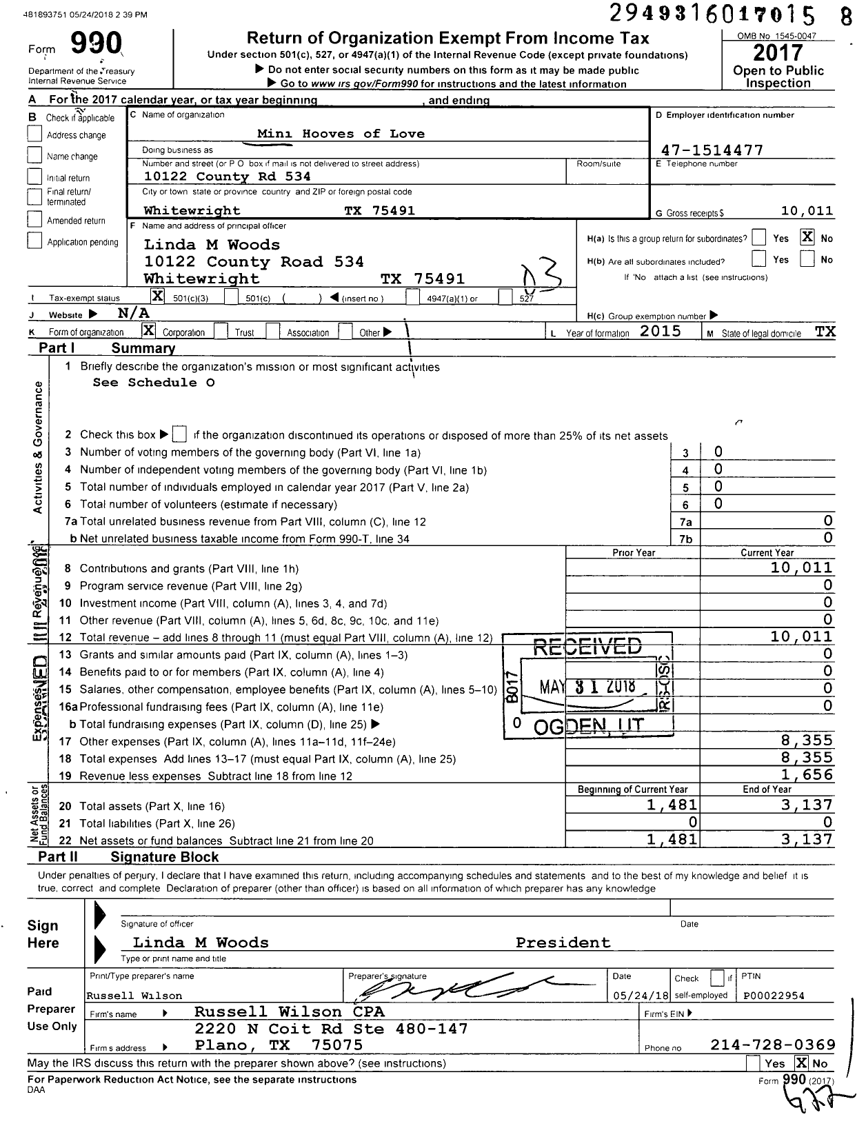 Image of first page of 2017 Form 990 for Mini Hooves of Love Miniature Therapy Horses