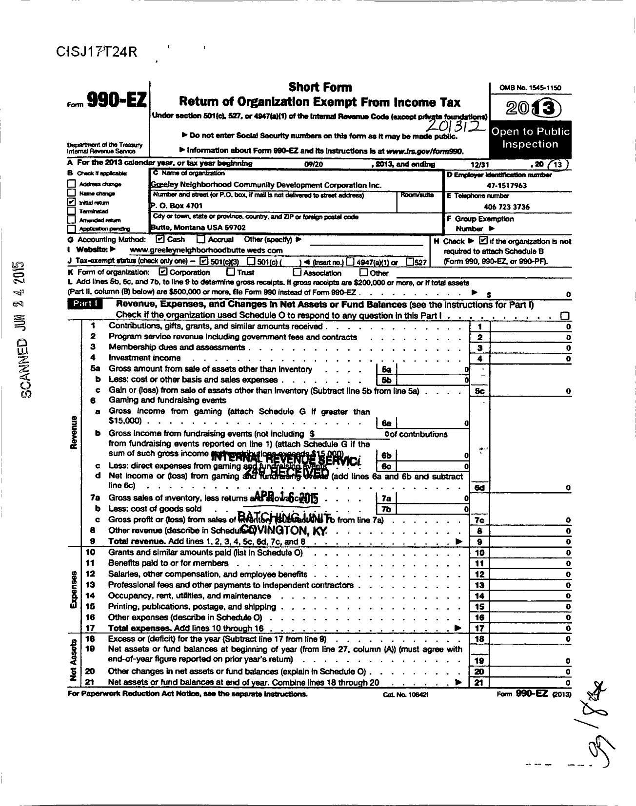 Image of first page of 2013 Form 990EZ for Greeley Neighborhood Community Development Corporation