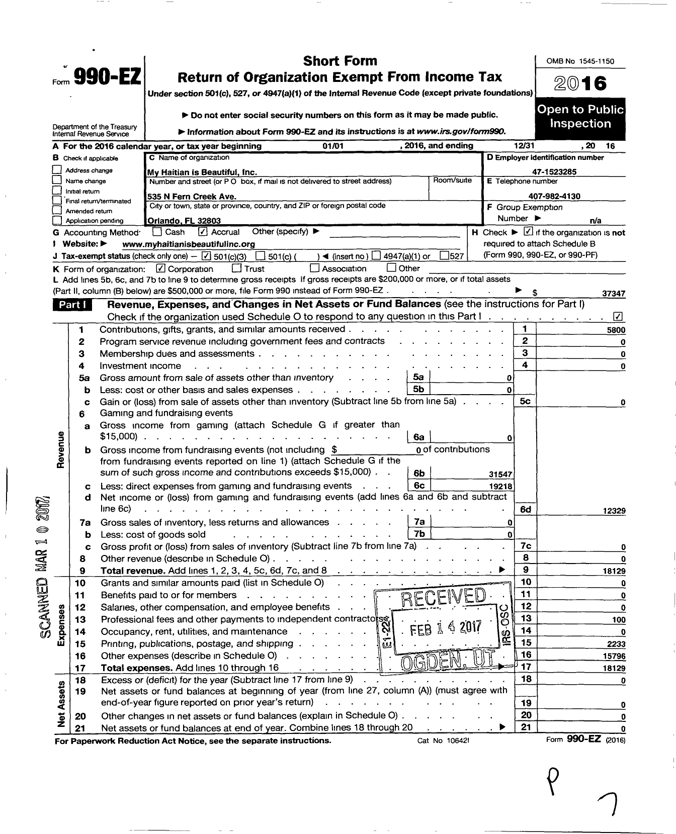 Image of first page of 2016 Form 990EZ for My Haitian Is Beautiful