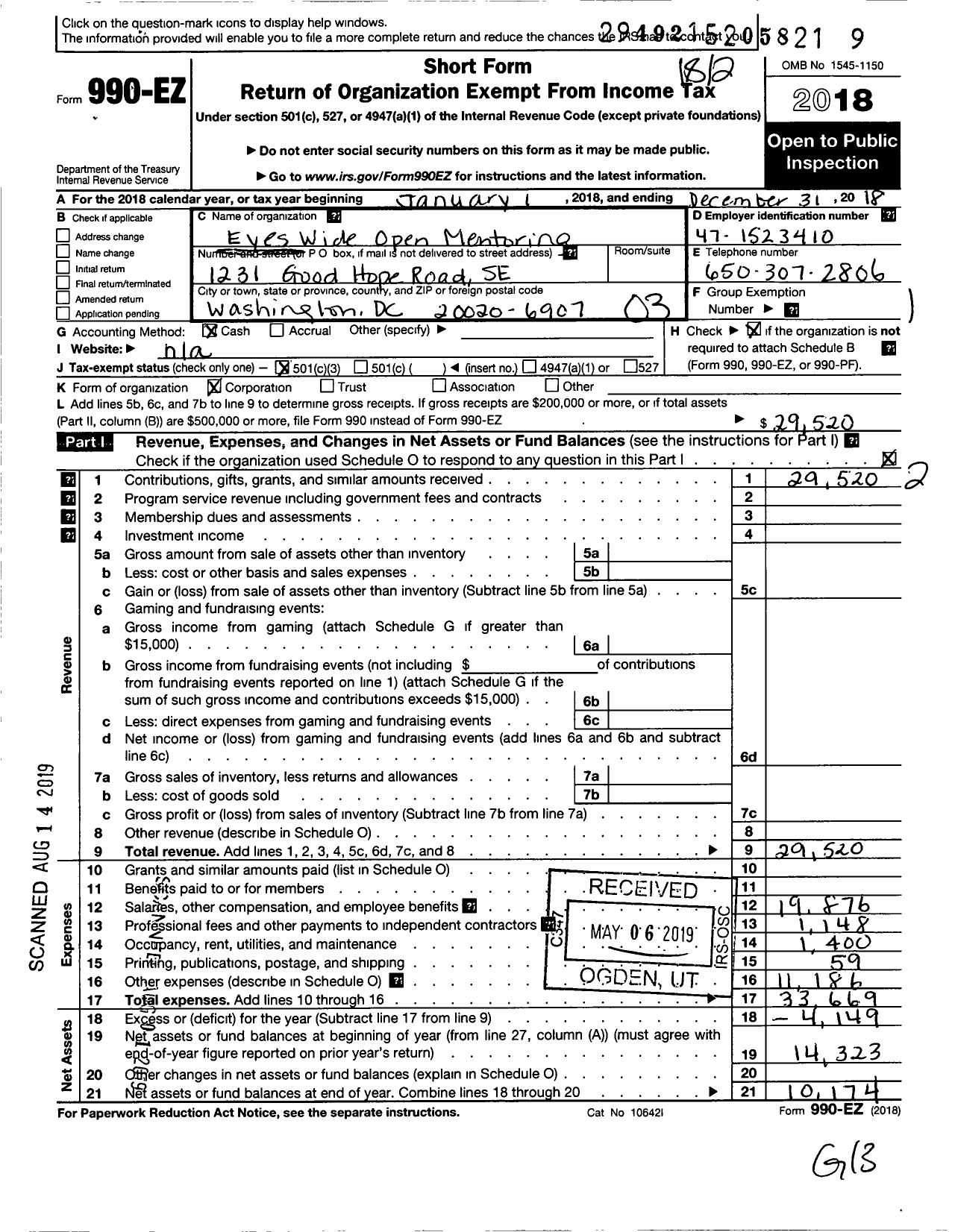 Image of first page of 2018 Form 990EZ for Eyes Wide Open Mentoring