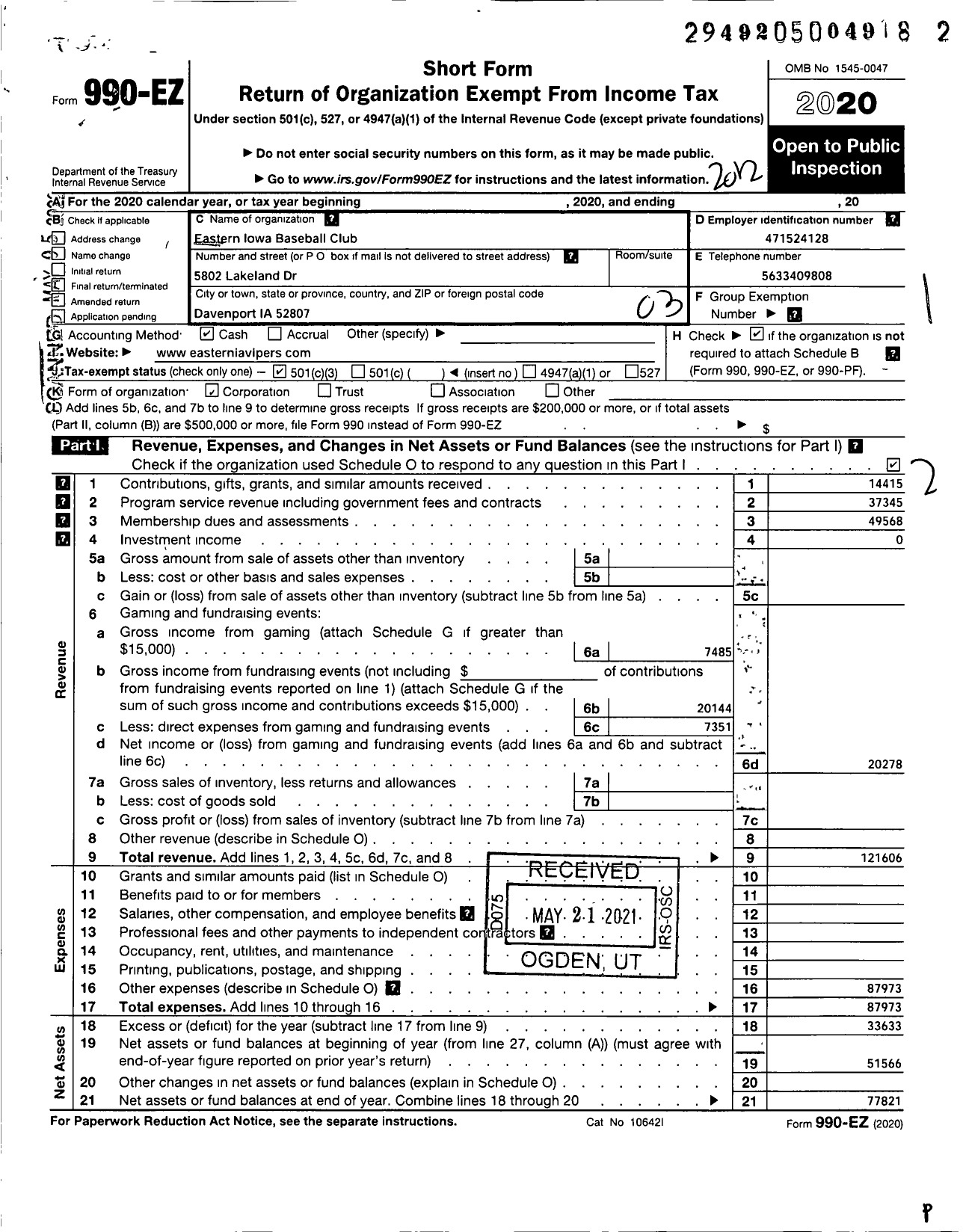 Image of first page of 2020 Form 990EZ for Eastern Iowa Baseball Club