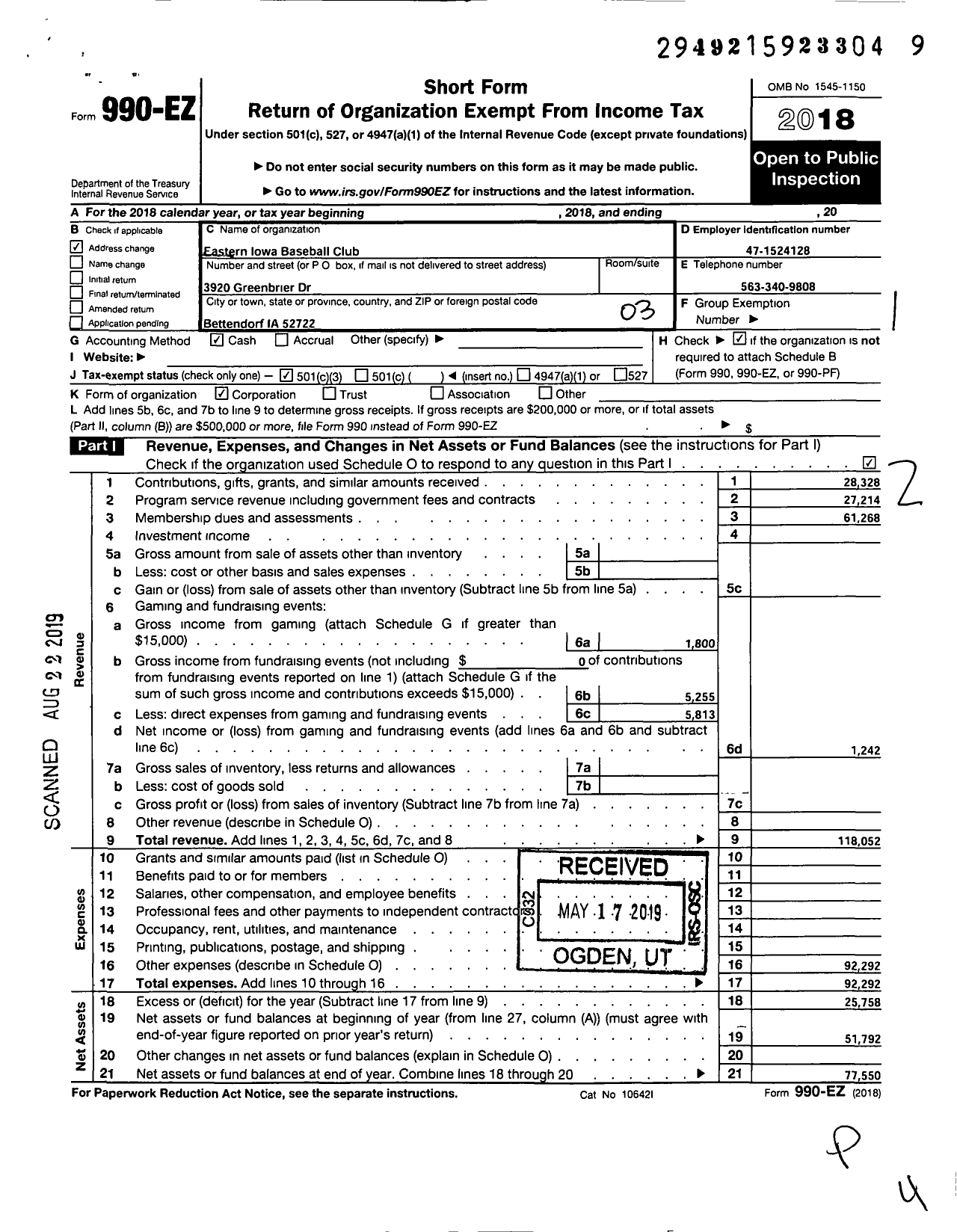 Image of first page of 2018 Form 990EZ for Eastern Iowa Baseball Club