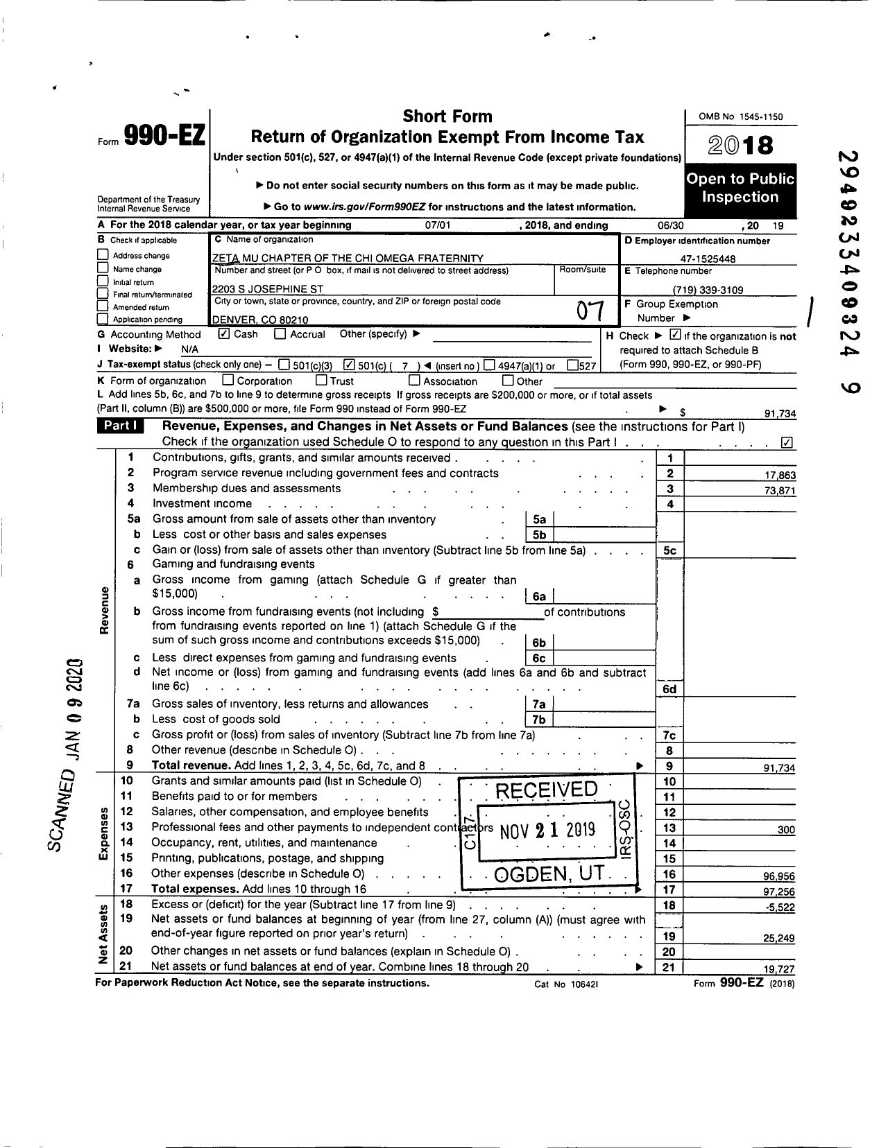 Image of first page of 2018 Form 990EO for Chi Omega Fraternity - Zeta Mu Chapter