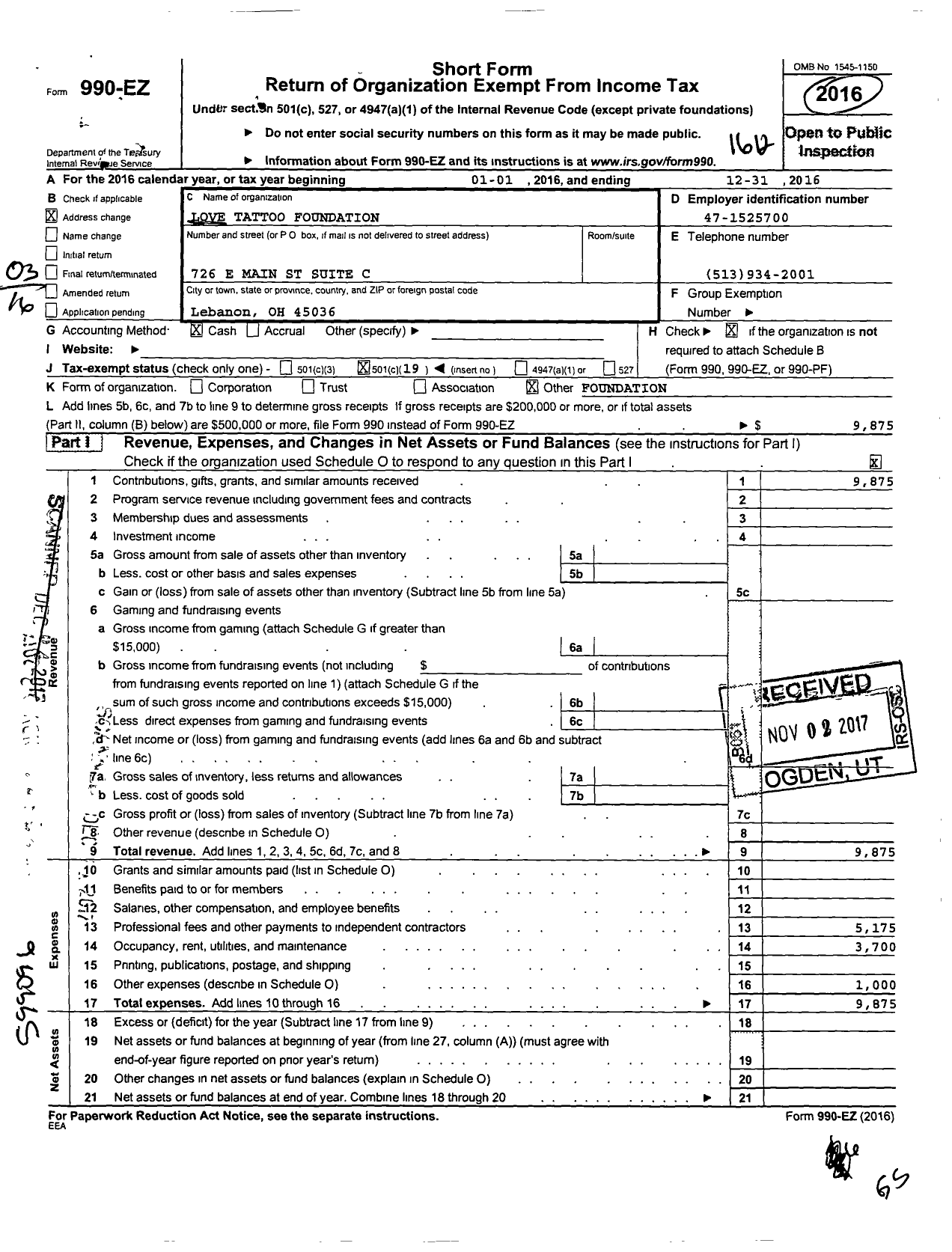 Image of first page of 2016 Form 990EZ for Love Tattoo Foundation