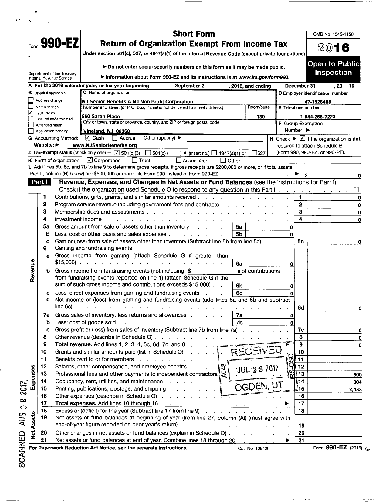 Image of first page of 2016 Form 990EZ for NJ Senior Benefits