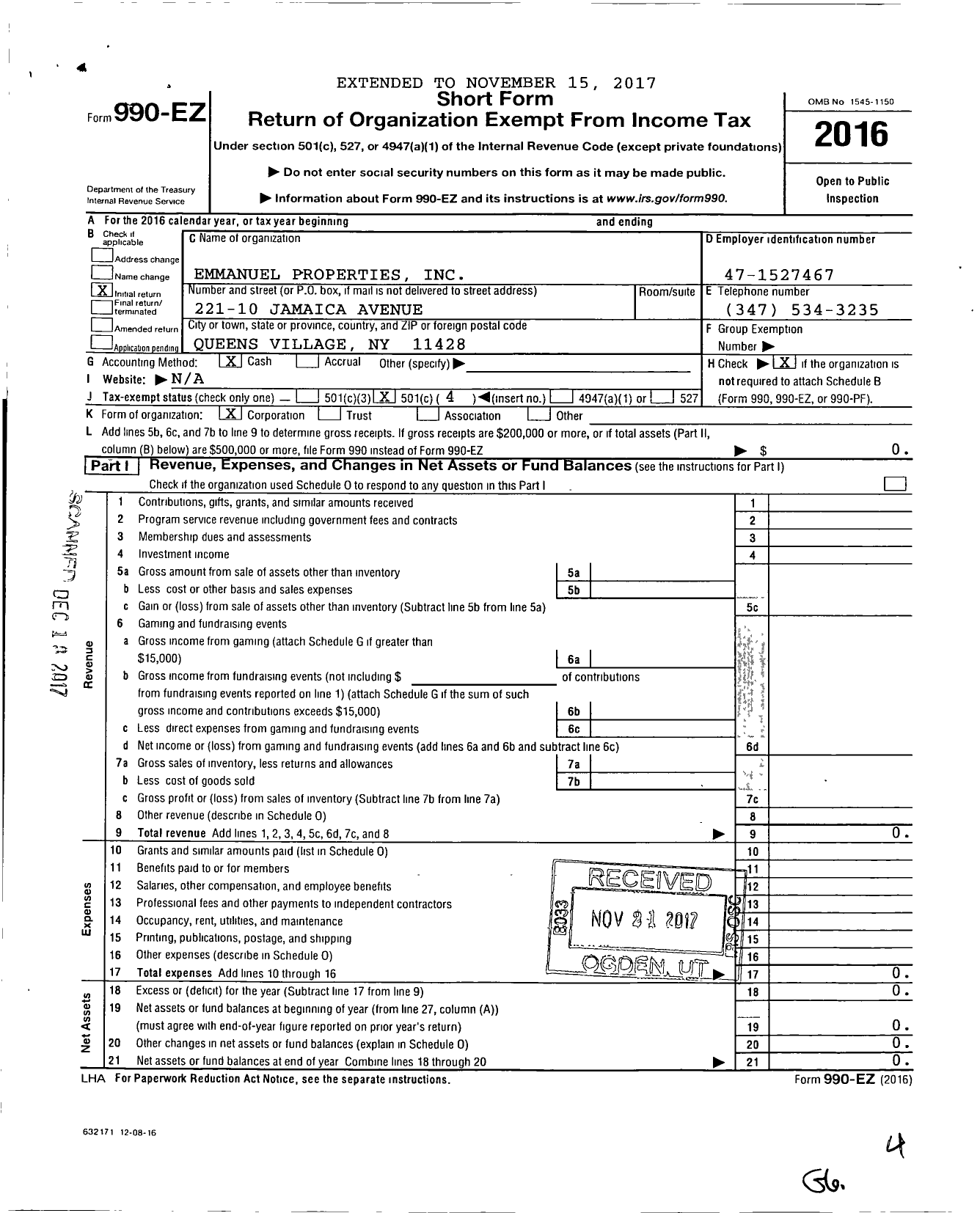 Image of first page of 2016 Form 990EO for Emmanuel Properties