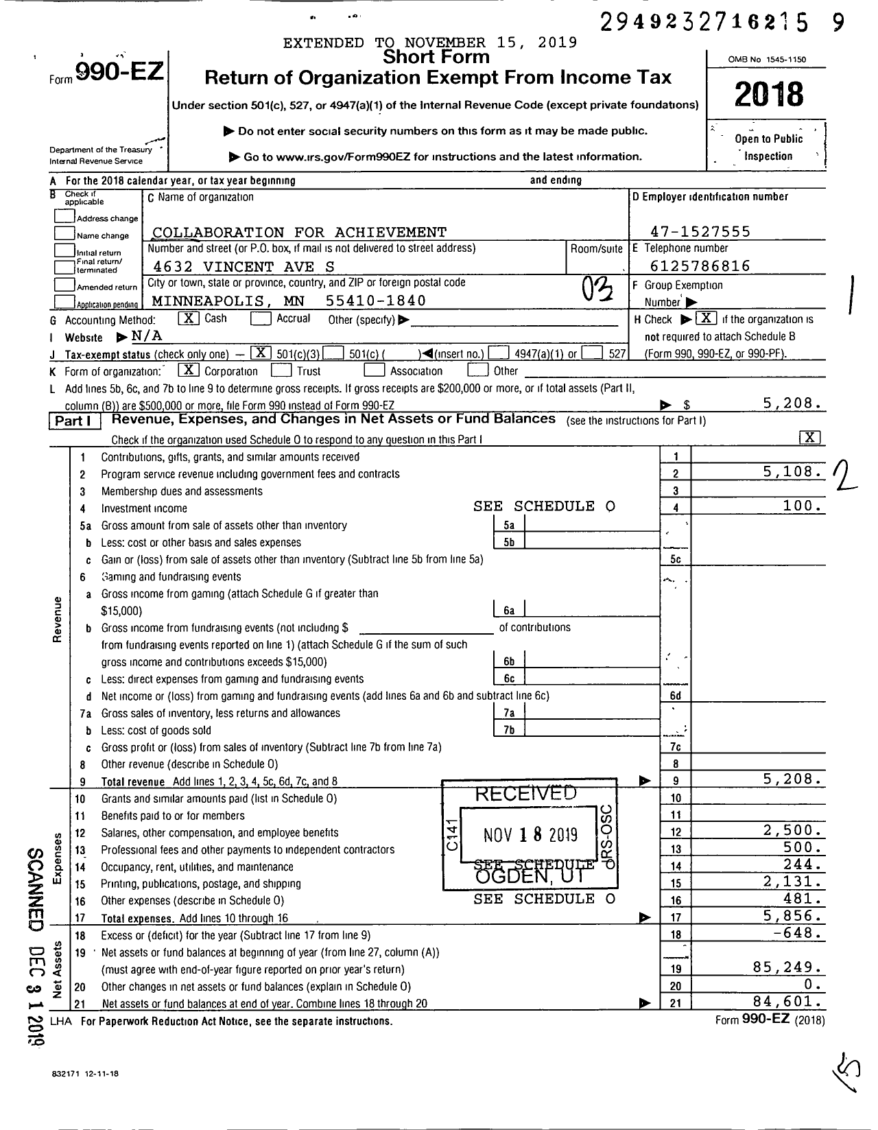 Image of first page of 2018 Form 990EZ for Collaboration for Achievement