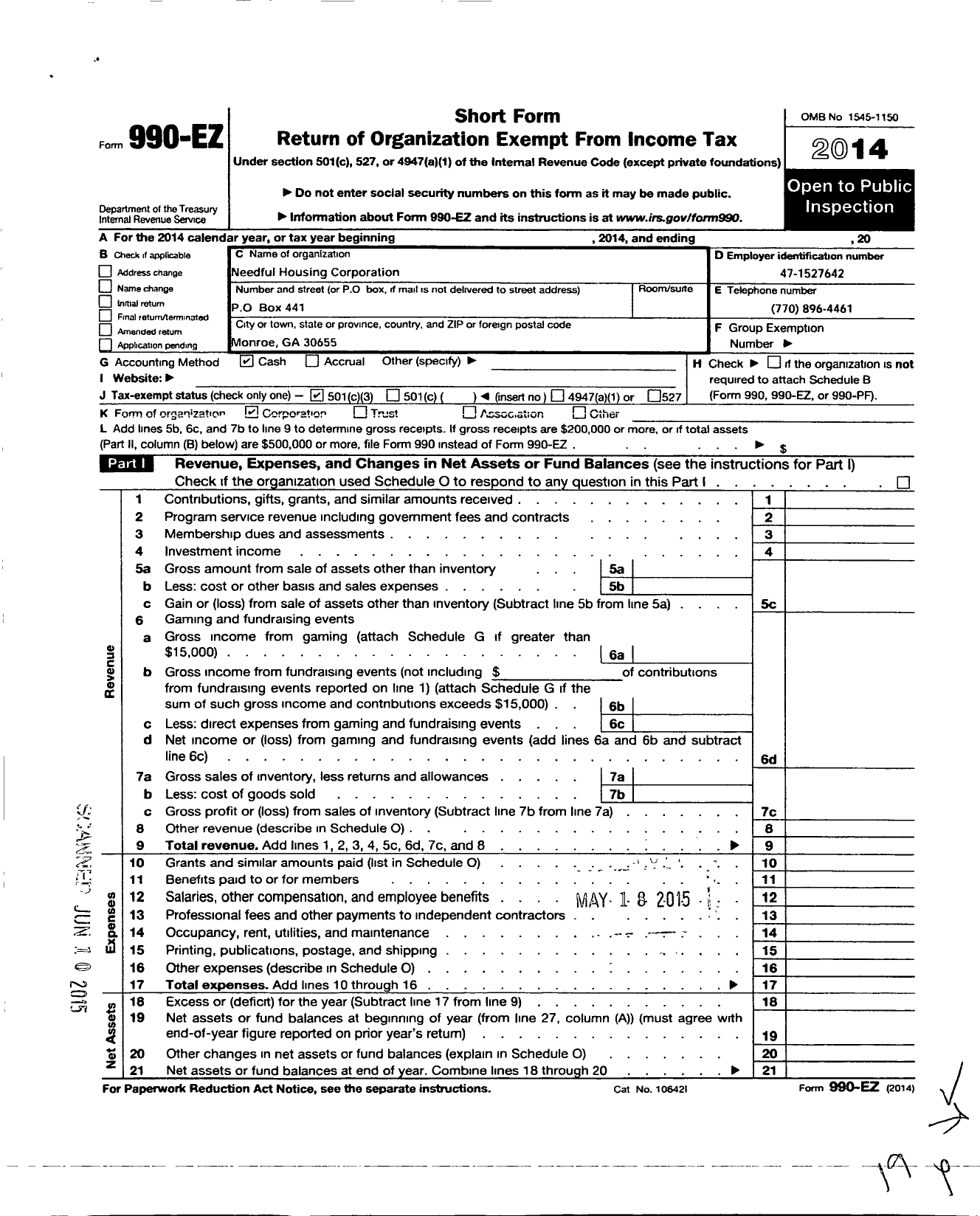 Image of first page of 2014 Form 990EZ for Needful Housing