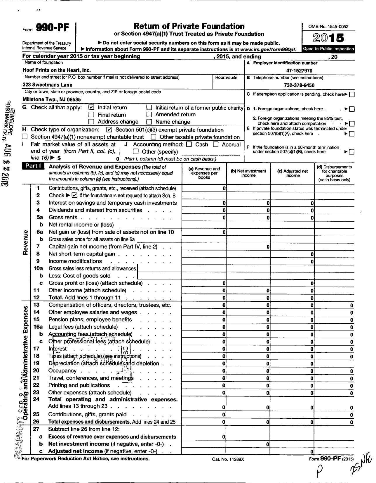 Image of first page of 2015 Form 990PF for Hoof Prints on the Heart