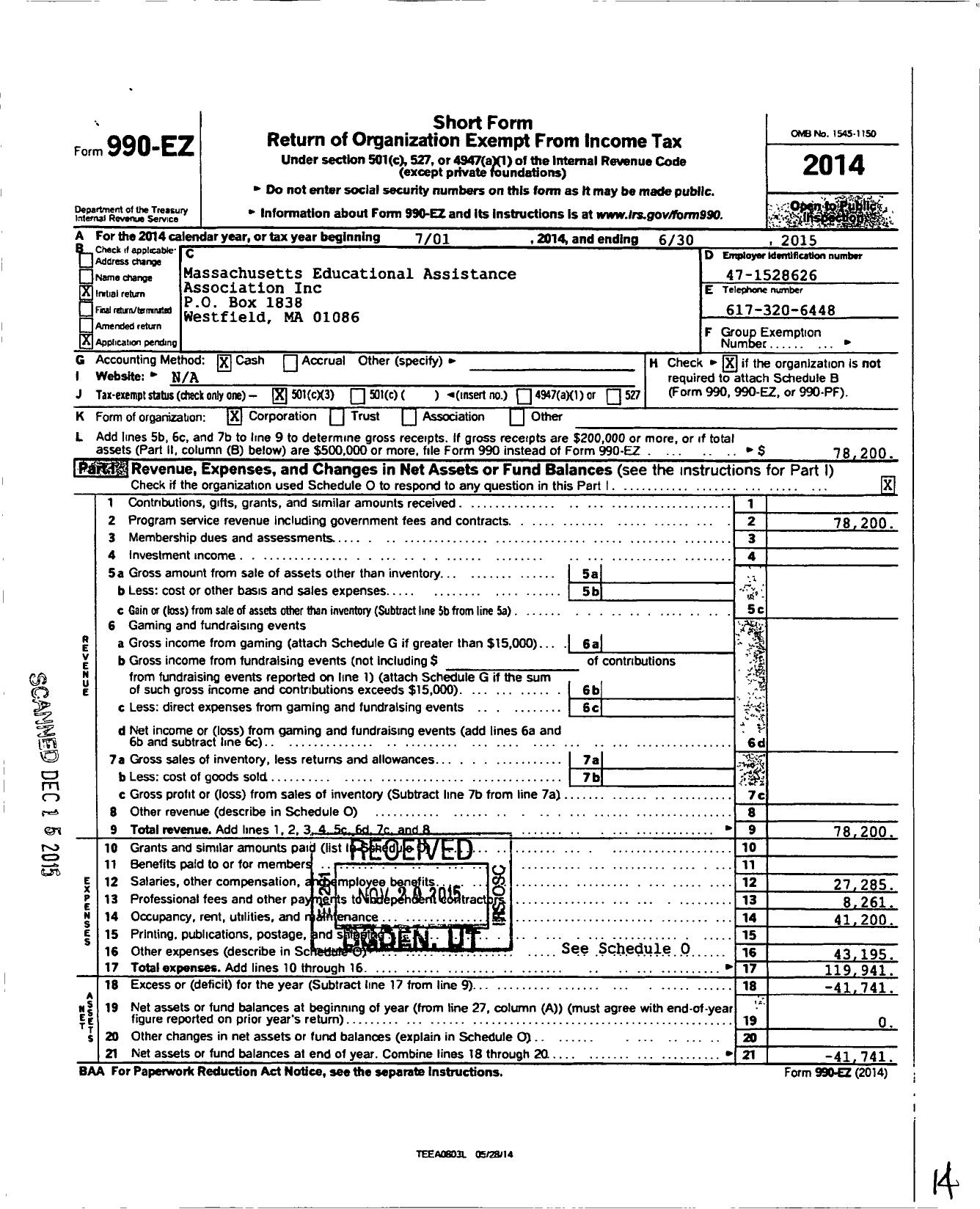 Image of first page of 2014 Form 990EZ for Massachusetts Educational Assistance Association