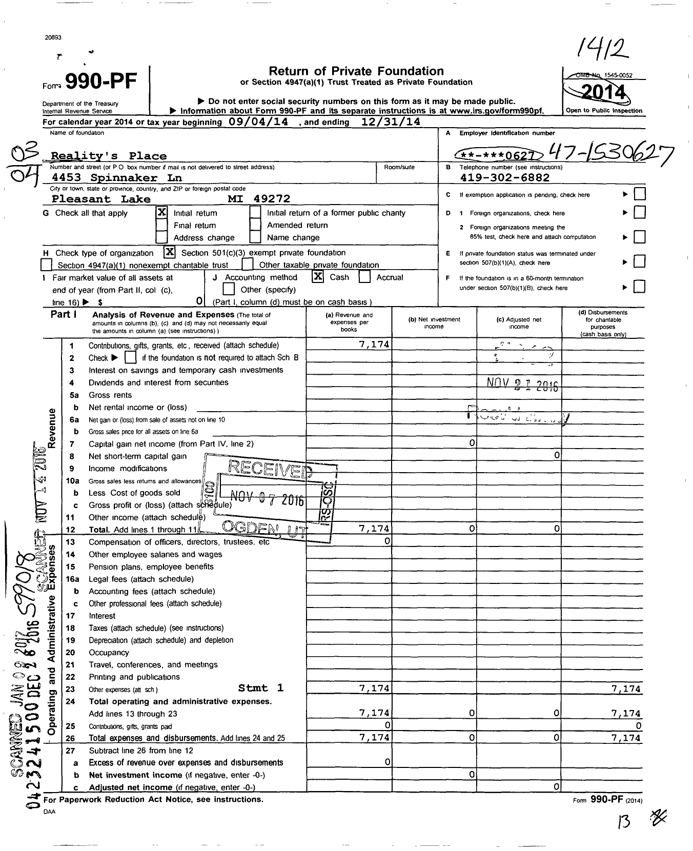 Image of first page of 2014 Form 990PF for Reality's Place