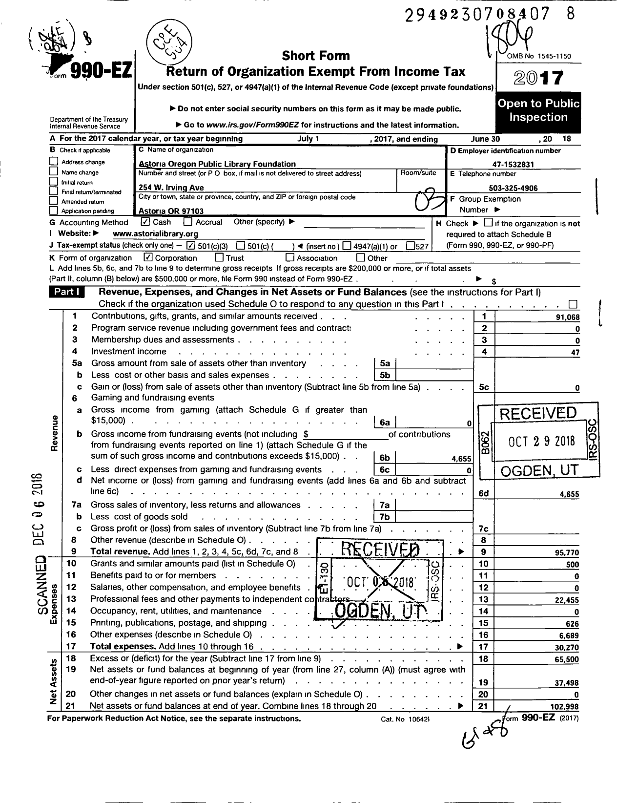 Image of first page of 2017 Form 990EZ for Astoria Oregon Public Library Foundation