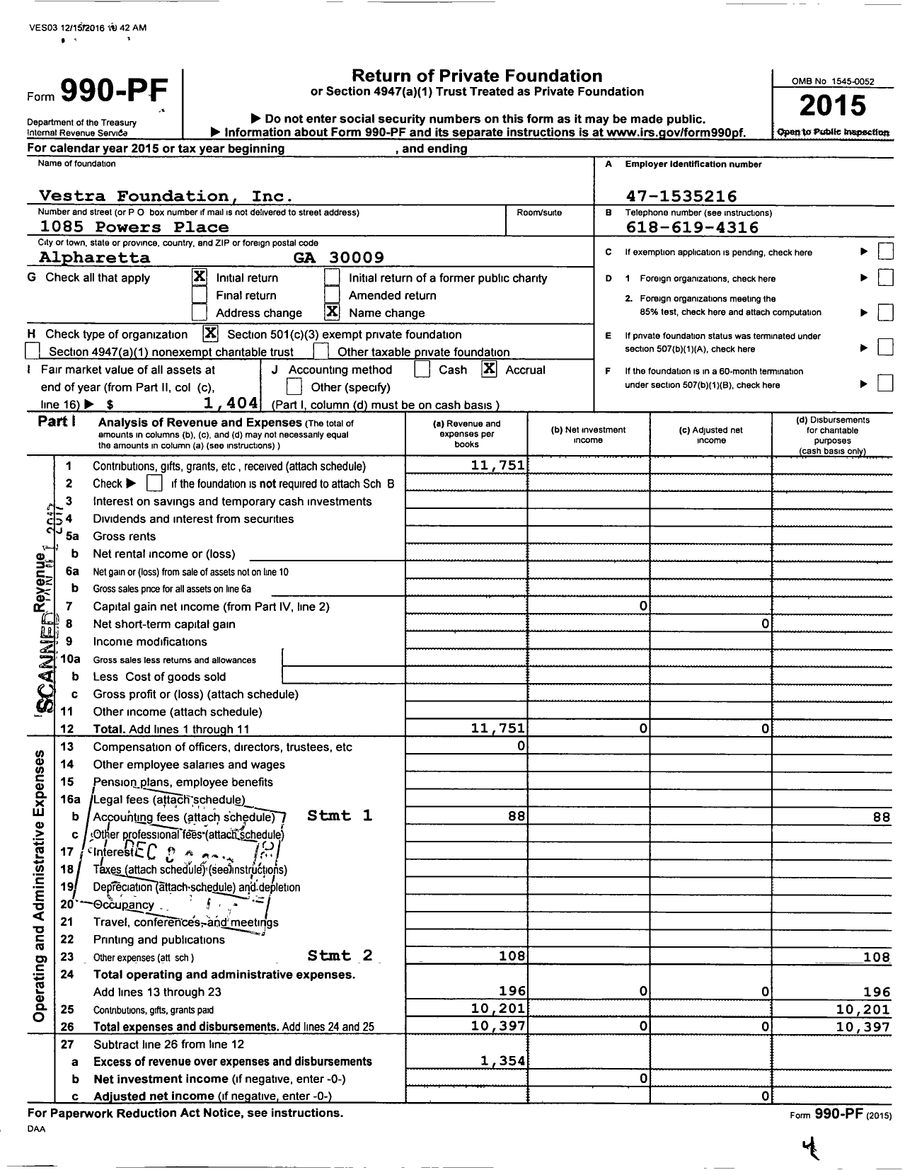 Image of first page of 2015 Form 990PF for Your Foundation