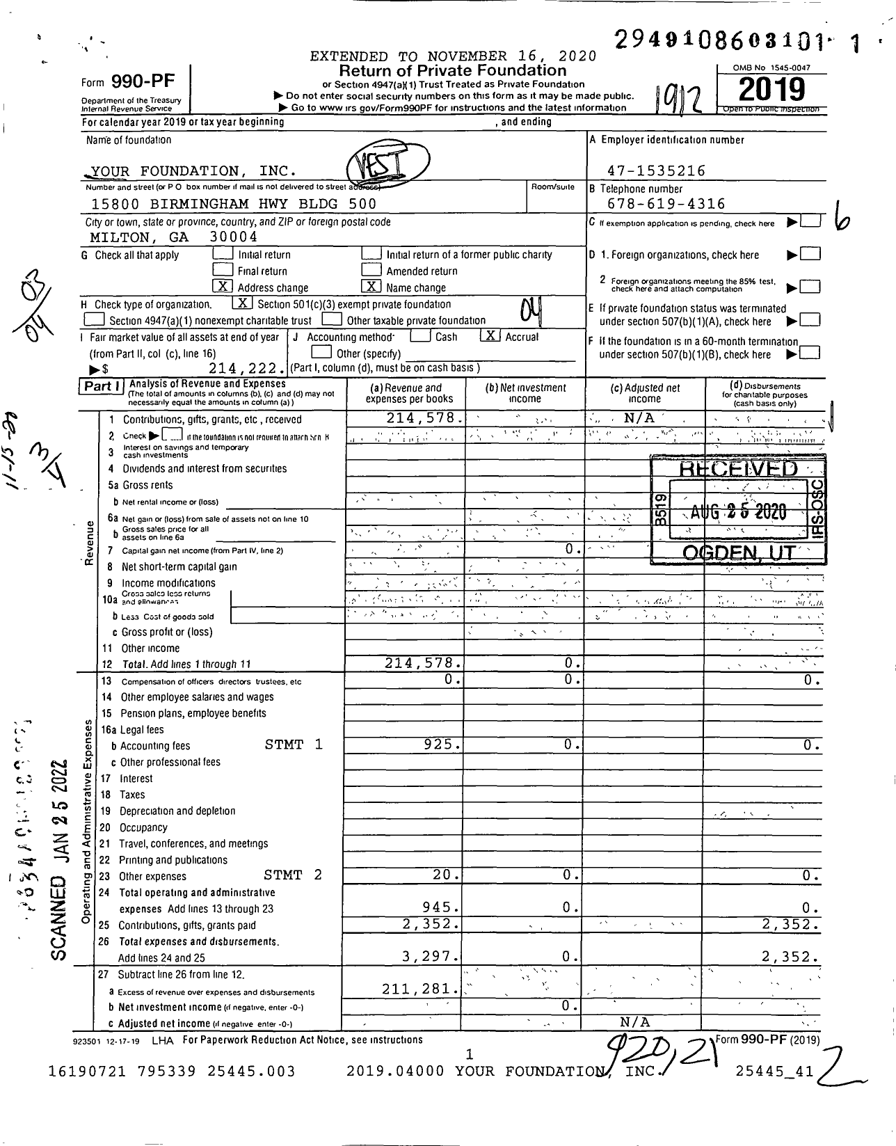 Image of first page of 2019 Form 990PF for Your Foundation