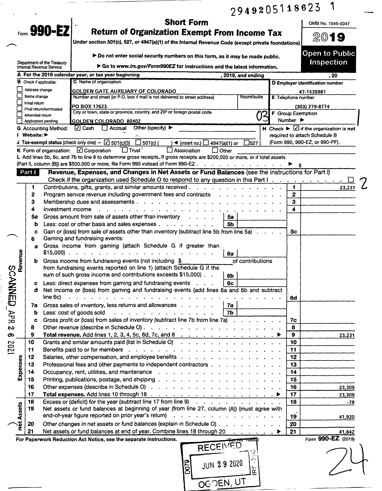 Image of first page of 2019 Form 990EZ for Golden Gate Auxiliary of Colorado