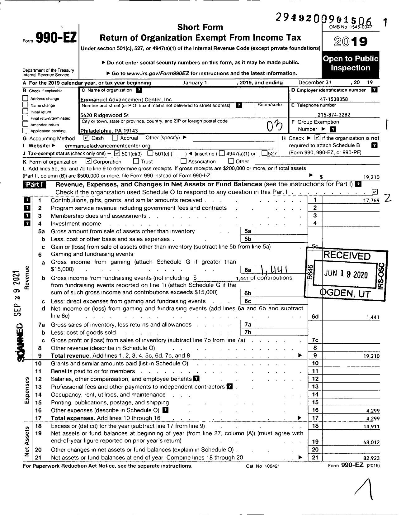 Image of first page of 2019 Form 990EZ for Emmanuel Advancement Center