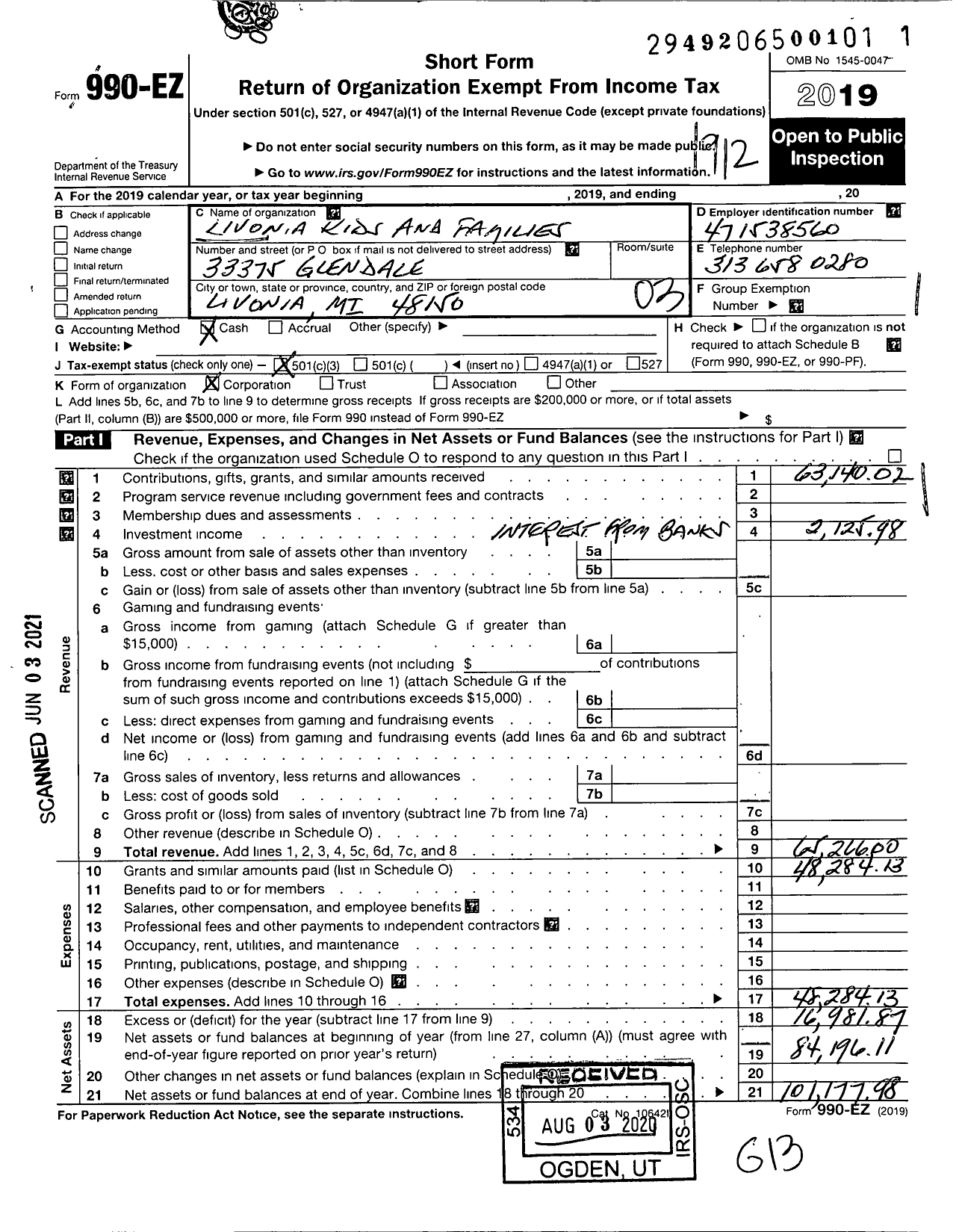 Image of first page of 2019 Form 990EZ for Livonia Kids and Families