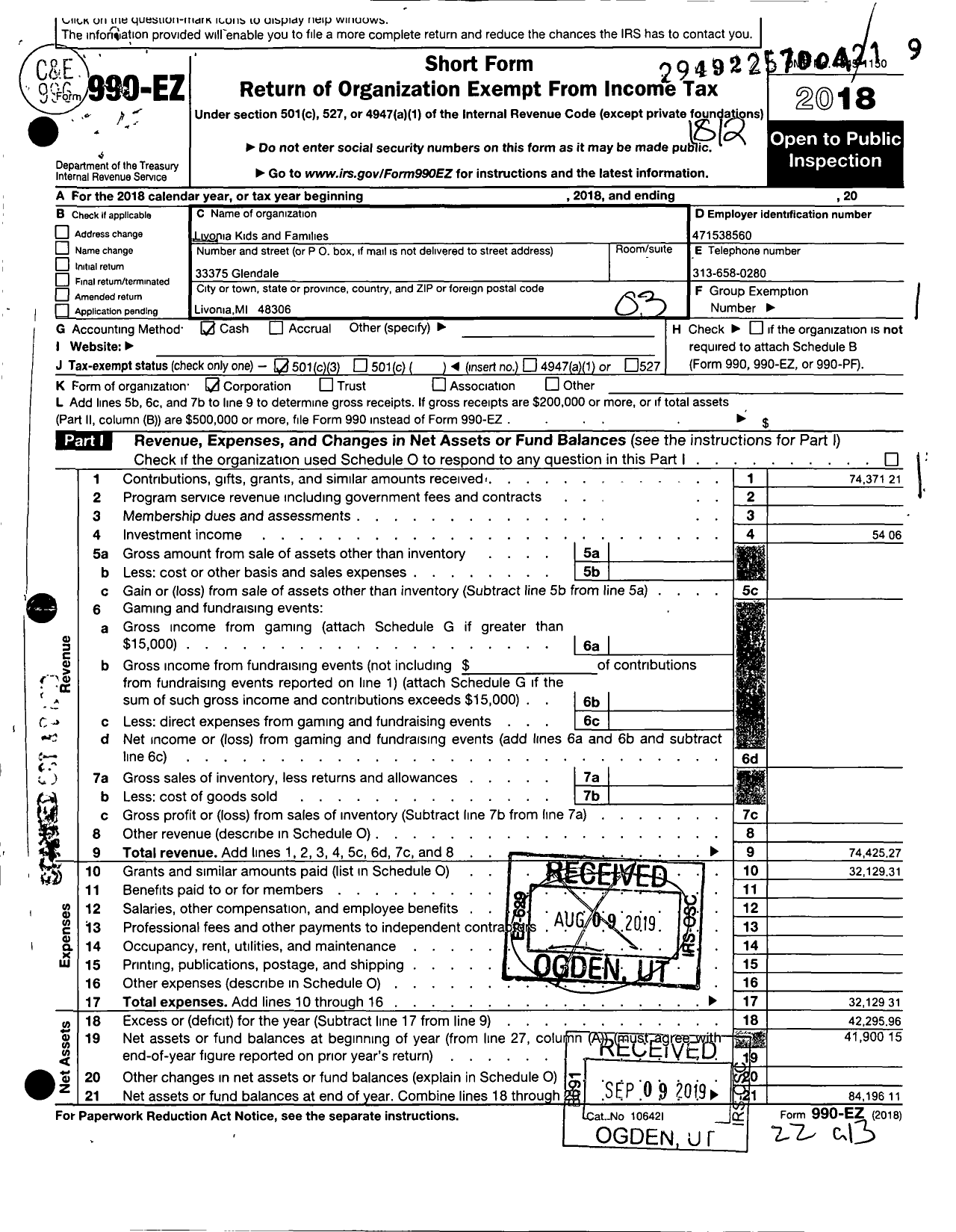 Image of first page of 2018 Form 990EZ for Livonia Kids and Families